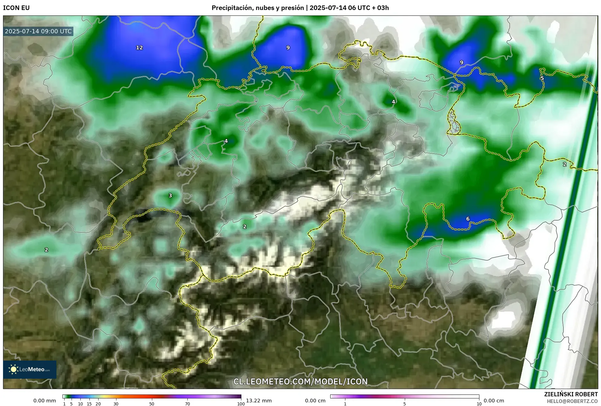 ICON model - Suiza, Precipitación, nubes y presión ICON model - Suiza, Precipitación, nubes y presión