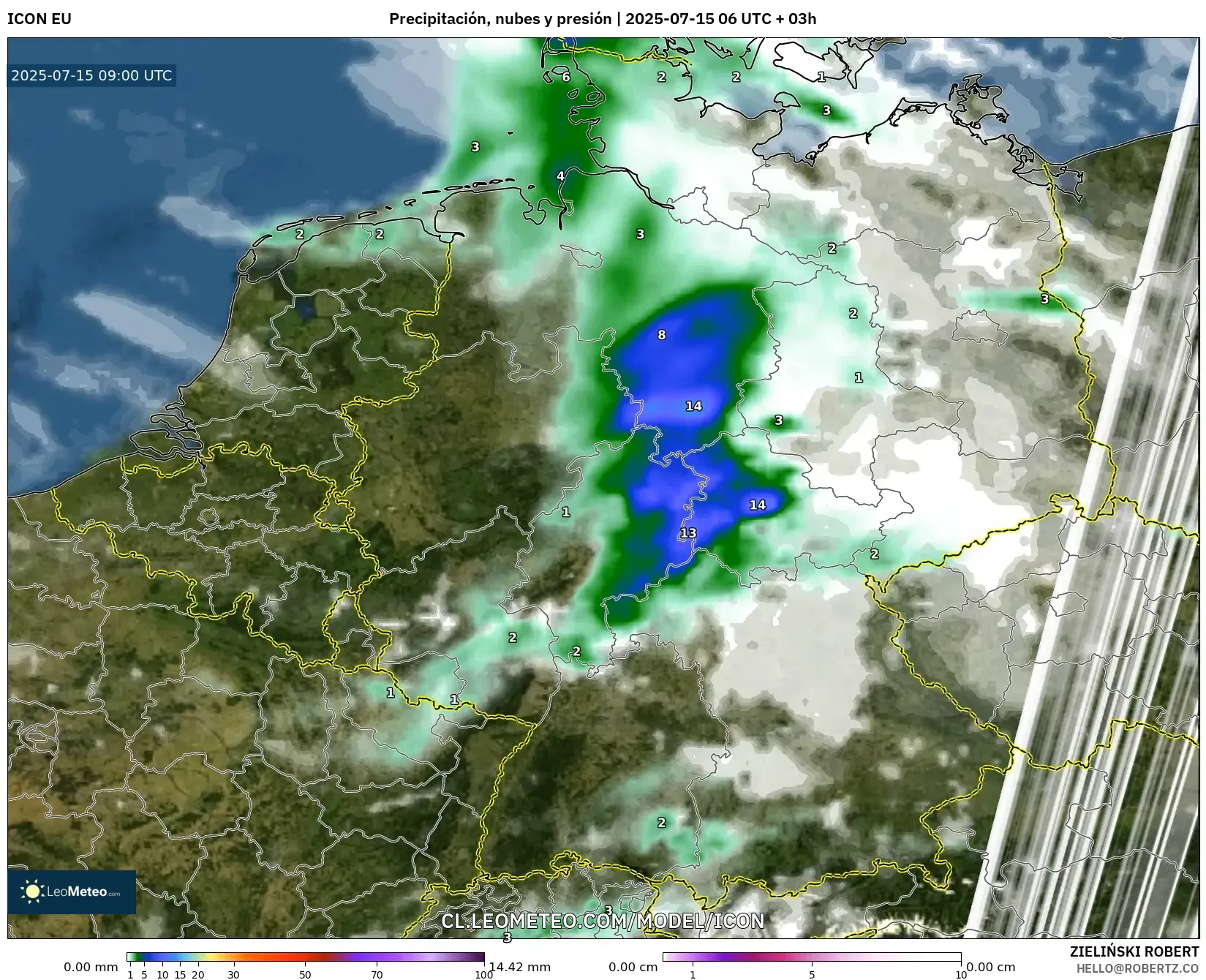 ICON model - Alemania, Precipitación, nubes y presión ICON model - Alemania, Precipitación, nubes y presión