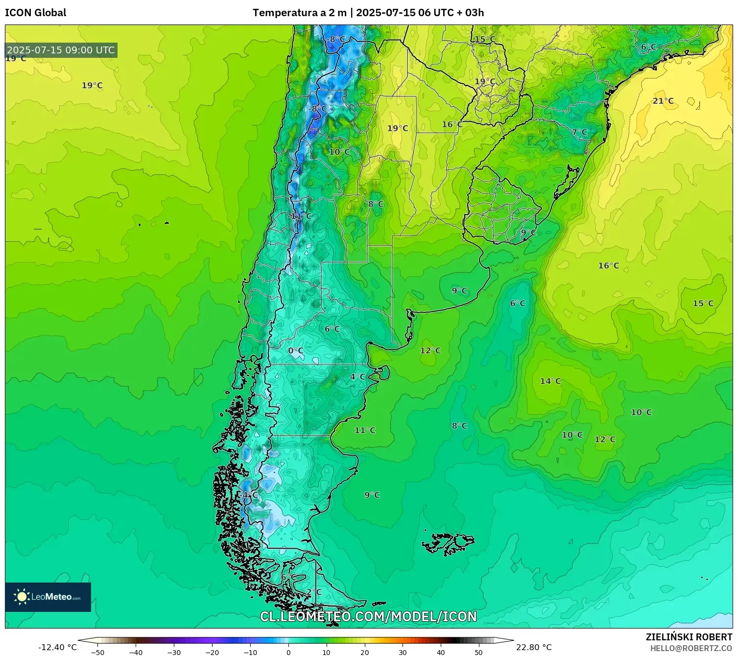 ICON model - Argentina, Temperatura a 2 m ICON model - Argentina, Temperatura a 2 m