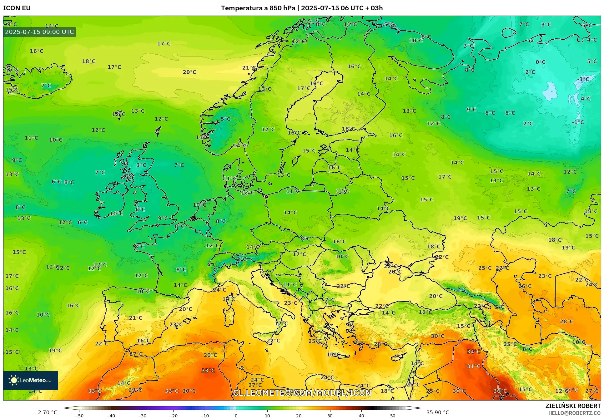 ICON model - Europa, Temperatura a 850 hPa ICON model - Europa, Temperatura a 850 hPa