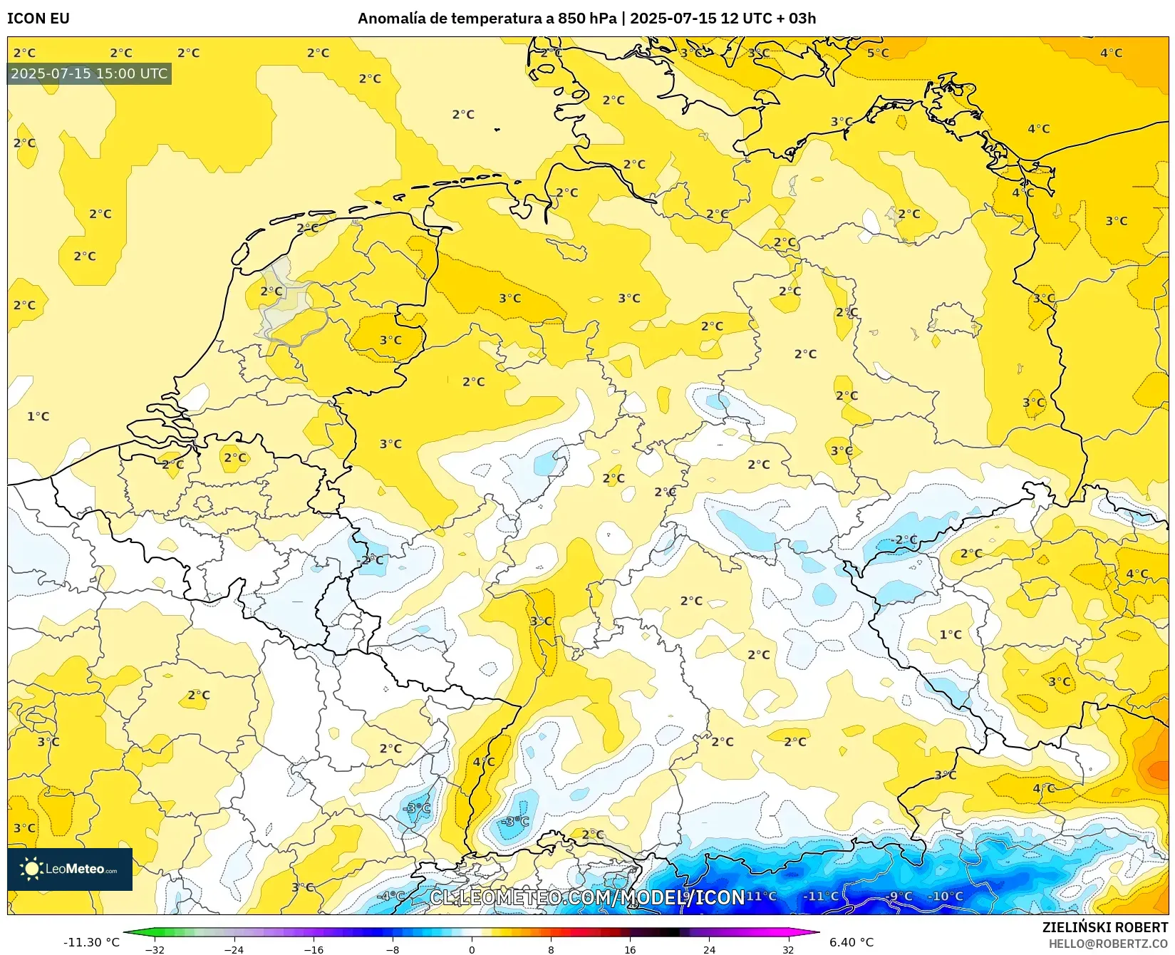 ICON model - Alemania, Anomalía de temperatura a 850 hPa ICON model - Alemania, Anomalía de temperatura a 850 hPa
