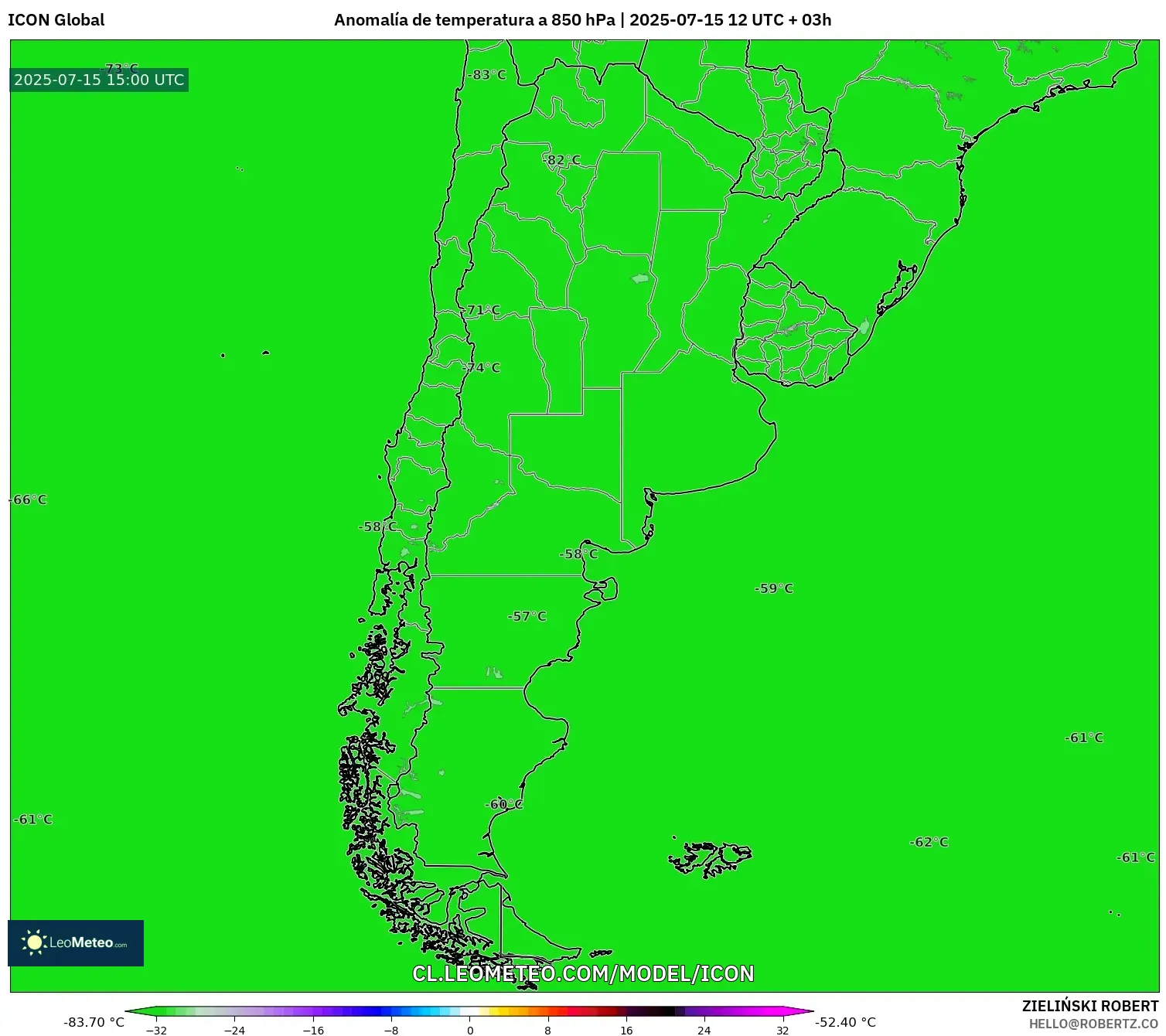 ICON model - Argentina, Anomalía de temperatura a 850 hPa ICON model - Argentina, Anomalía de temperatura a 850 hPa