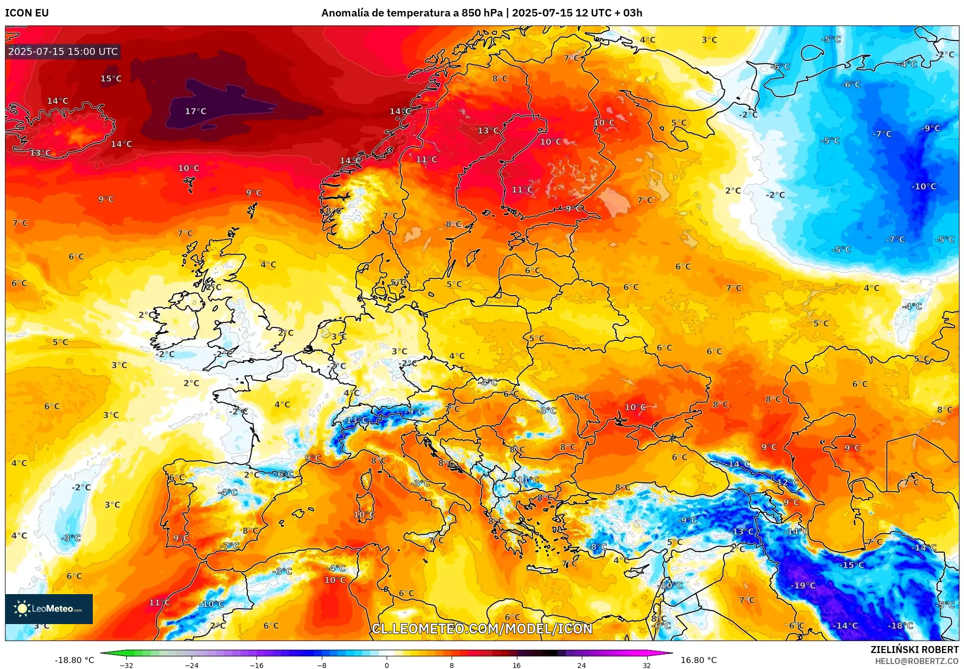 ICON model - Europa, Anomalía de temperatura a 850 hPa ICON model - Europa, Anomalía de temperatura a 850 hPa