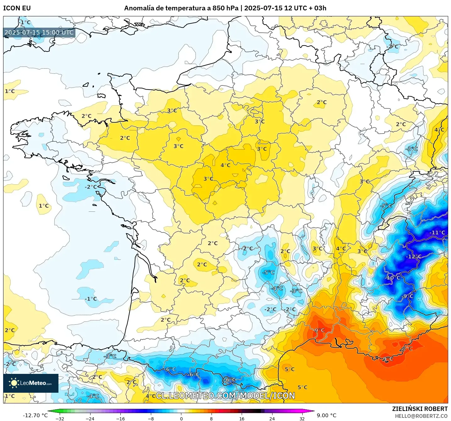 ICON model - Francia, Anomalía de temperatura a 850 hPa ICON model - Francia, Anomalía de temperatura a 850 hPa