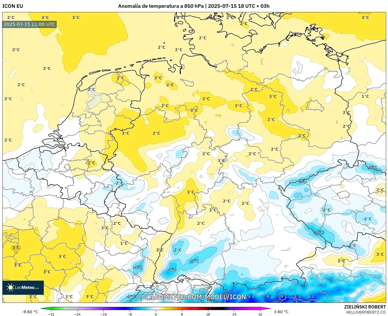 ICON model - Alemania, Anomalía de temperatura a 850 hPa ICON model - Alemania, Anomalía de temperatura a 850 hPa