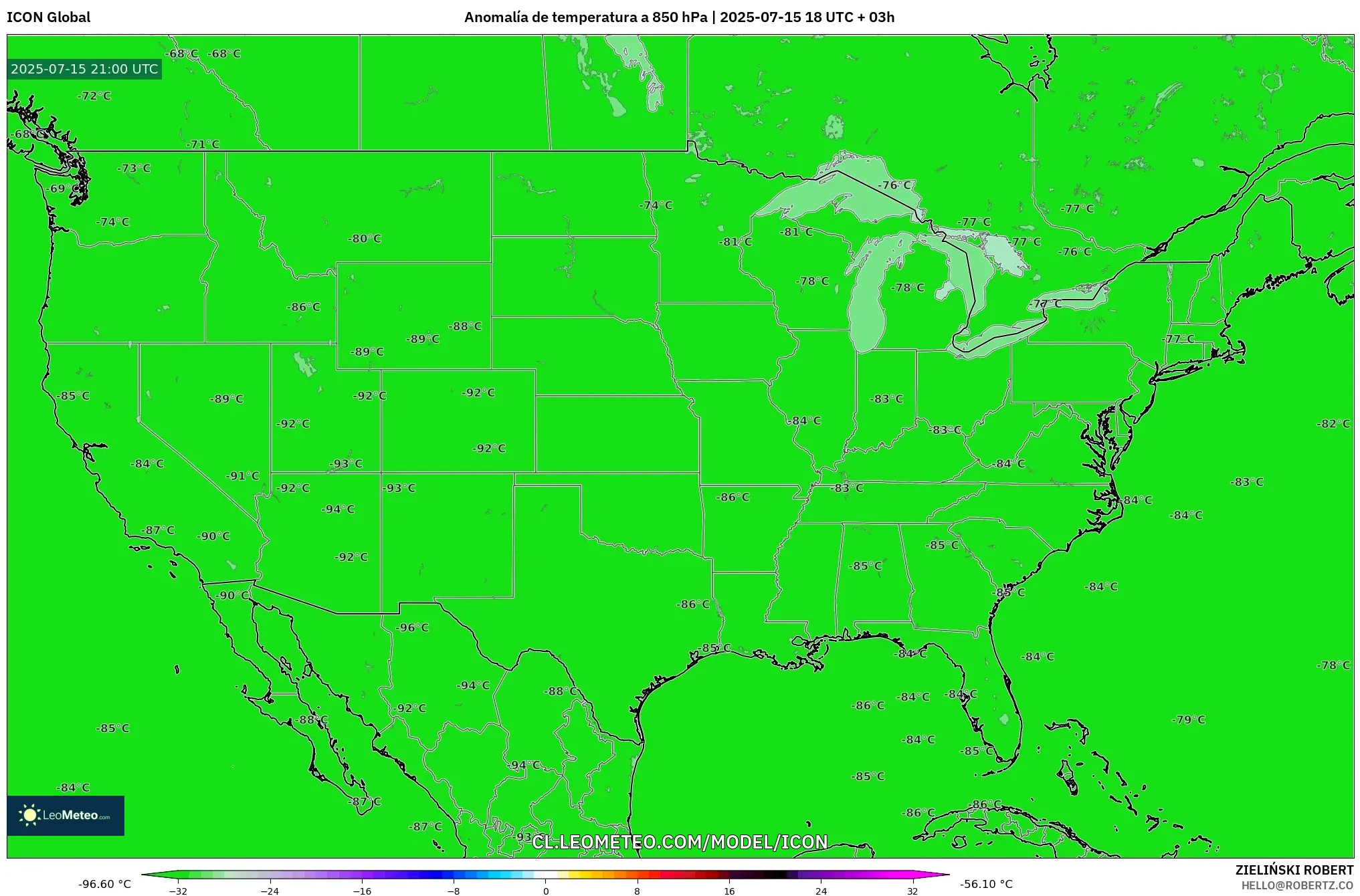ICON model - Estados Unidos, Anomalía de temperatura a 850 hPa ICON model - Estados Unidos, Anomalía de temperatura a 850 hPa