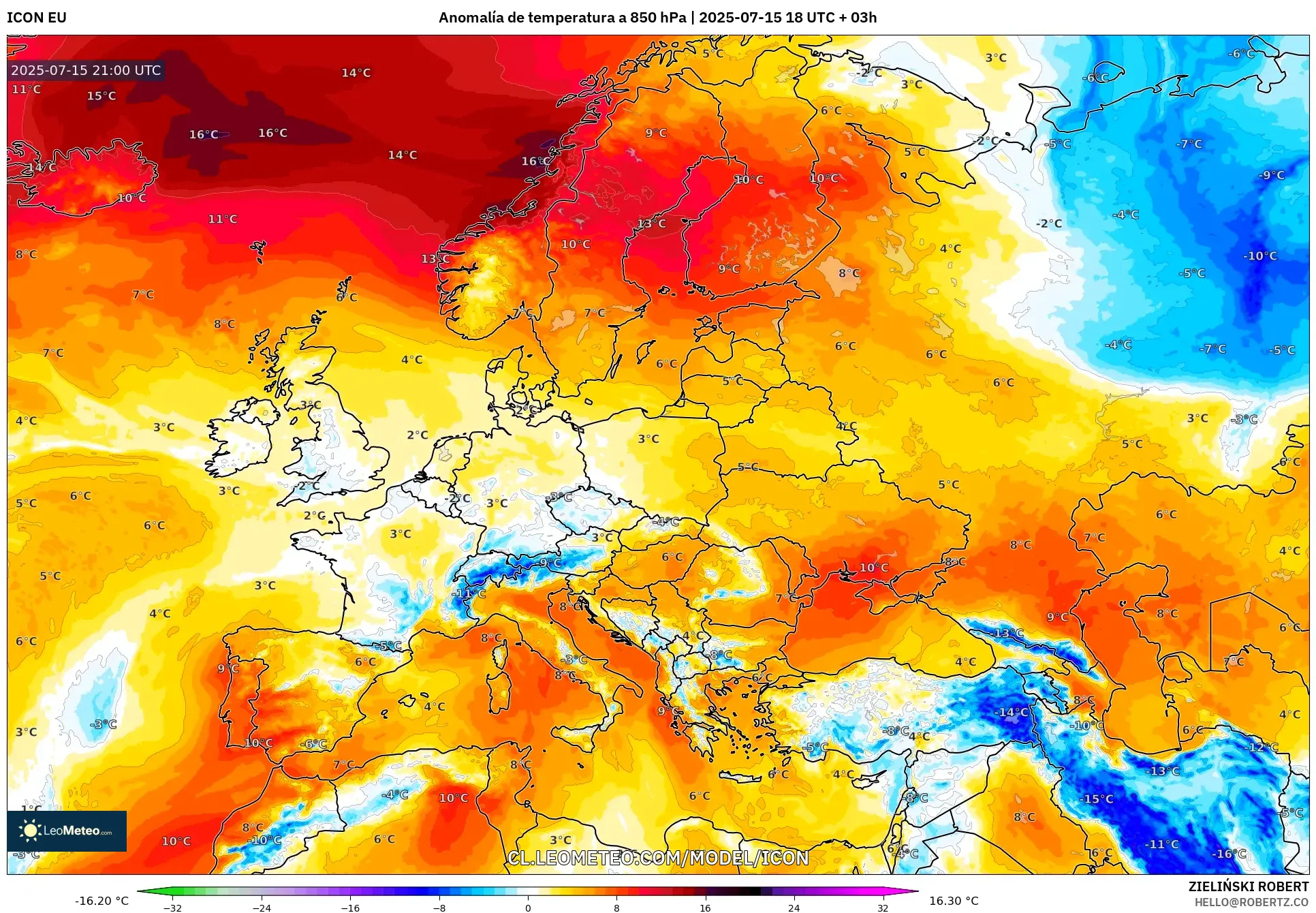 ICON model - Europa, Anomalía de temperatura a 850 hPa ICON model - Europa, Anomalía de temperatura a 850 hPa