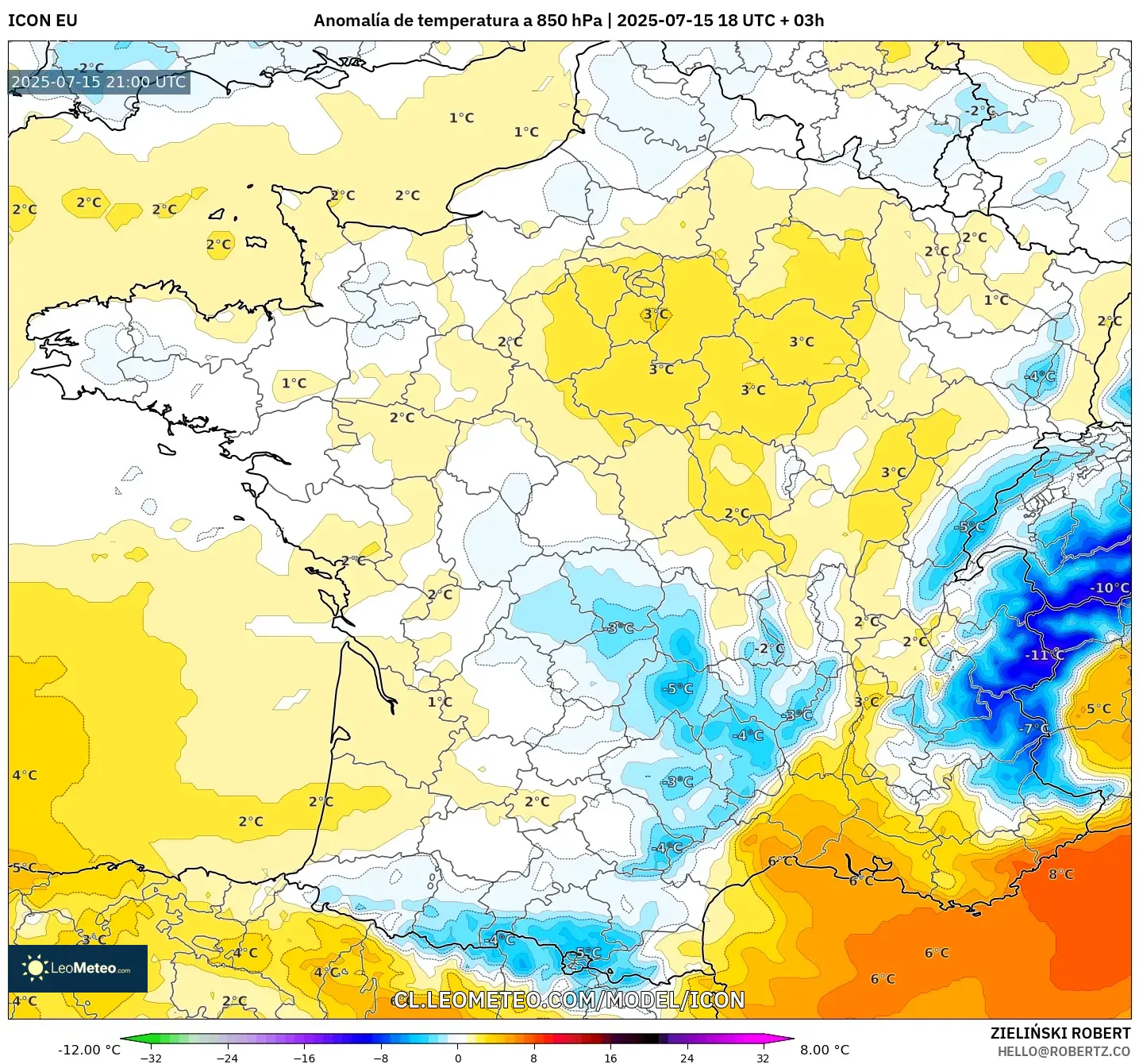 ICON model - Francia, Anomalía de temperatura a 850 hPa ICON model - Francia, Anomalía de temperatura a 850 hPa