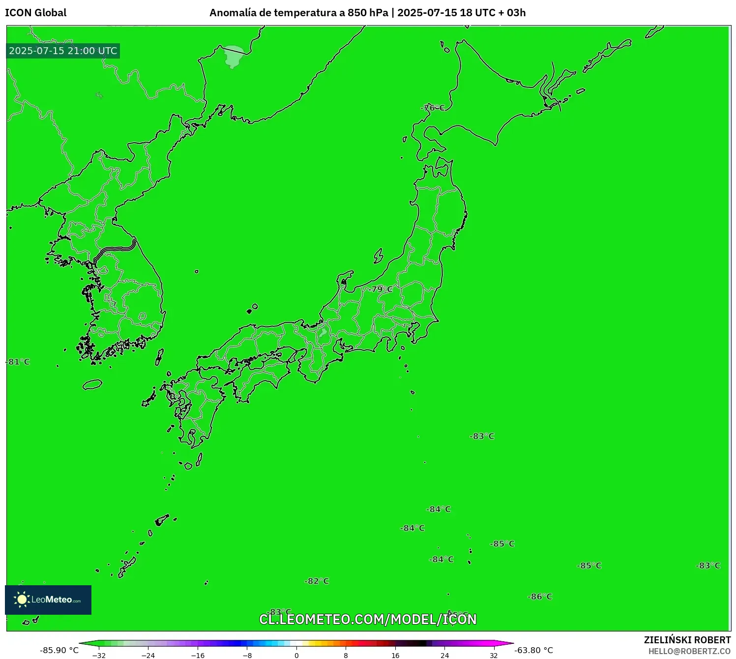 ICON model - Japón, Anomalía de temperatura a 850 hPa ICON model - Japón, Anomalía de temperatura a 850 hPa