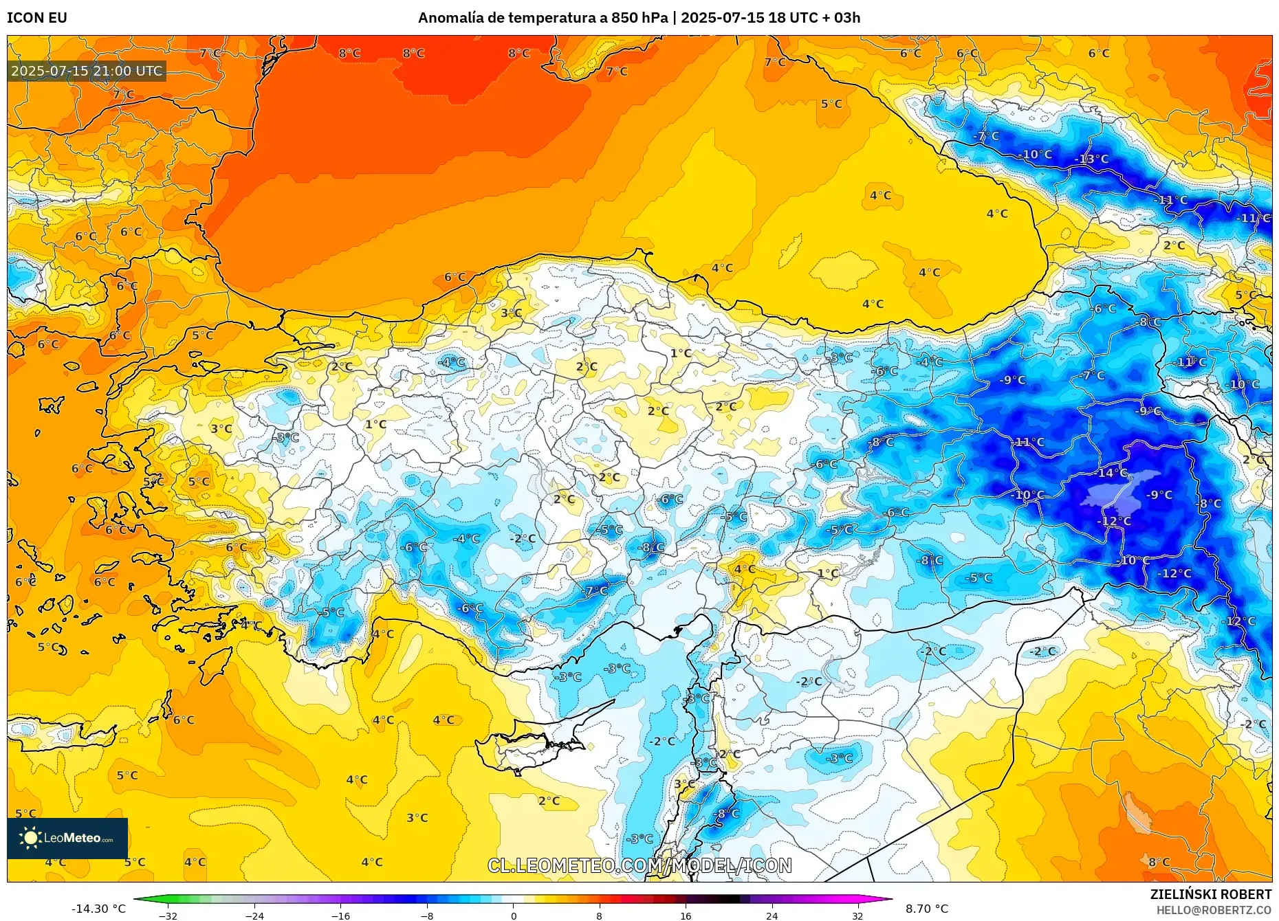 ICON model - Turquía, Anomalía de temperatura a 850 hPa ICON model - Turquía, Anomalía de temperatura a 850 hPa