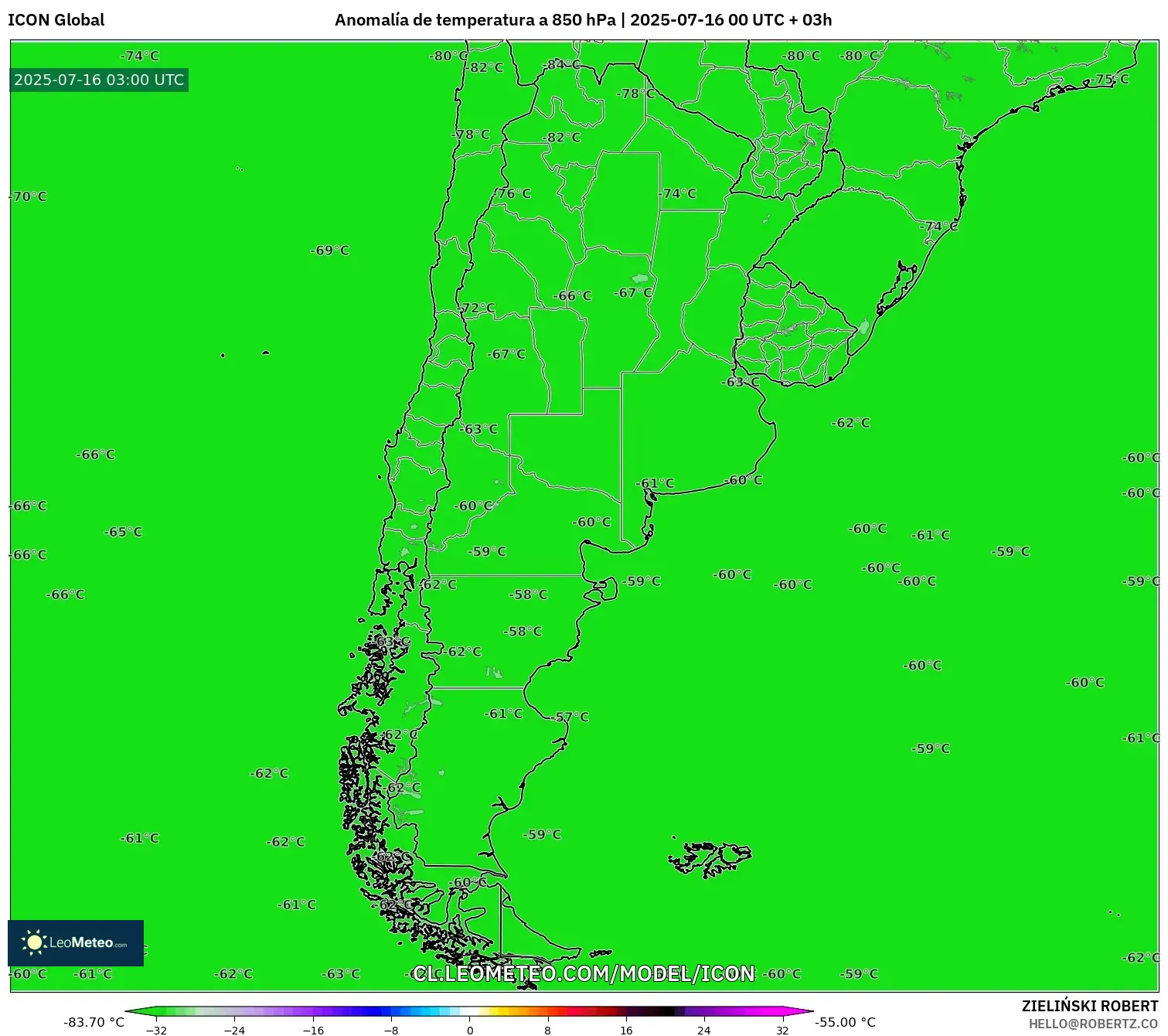ICON model - Argentina, Anomalía de temperatura a 850 hPa ICON model - Argentina, Anomalía de temperatura a 850 hPa