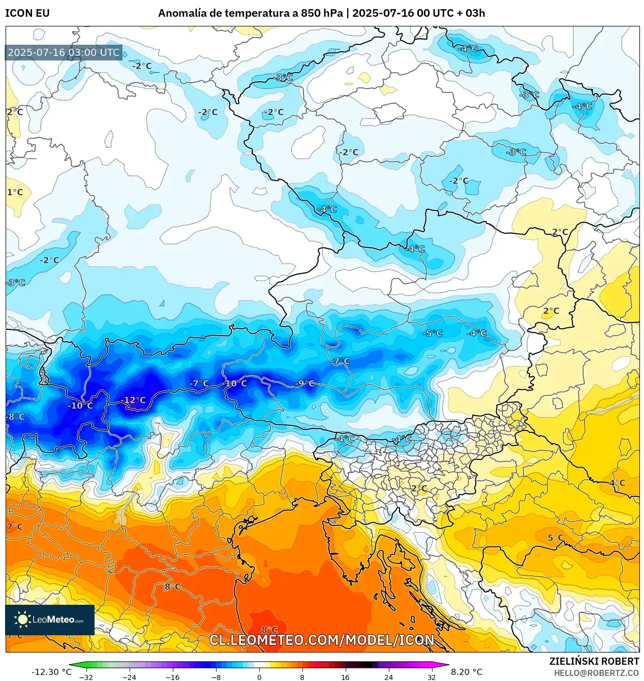ICON model - Austria, Anomalía de temperatura a 850 hPa ICON model - Austria, Anomalía de temperatura a 850 hPa