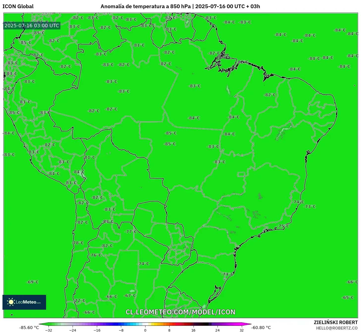 ICON model - Brasil, Anomalía de temperatura a 850 hPa ICON model - Brasil, Anomalía de temperatura a 850 hPa