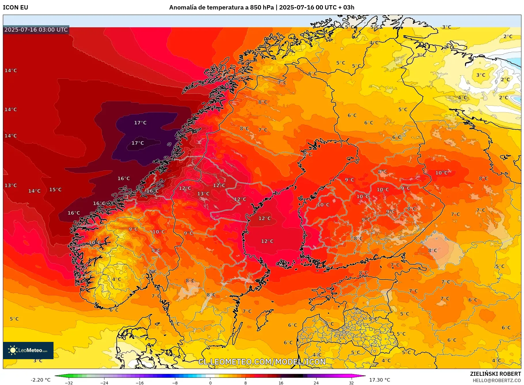 ICON model - Escandinavia, Anomalía de temperatura a 850 hPa ICON model - Escandinavia, Anomalía de temperatura a 850 hPa