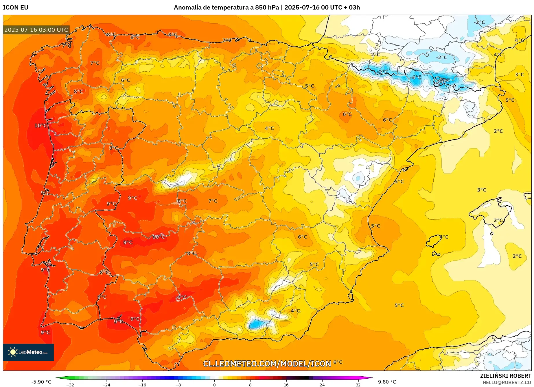 ICON model - España, Anomalía de temperatura a 850 hPa ICON model - España, Anomalía de temperatura a 850 hPa