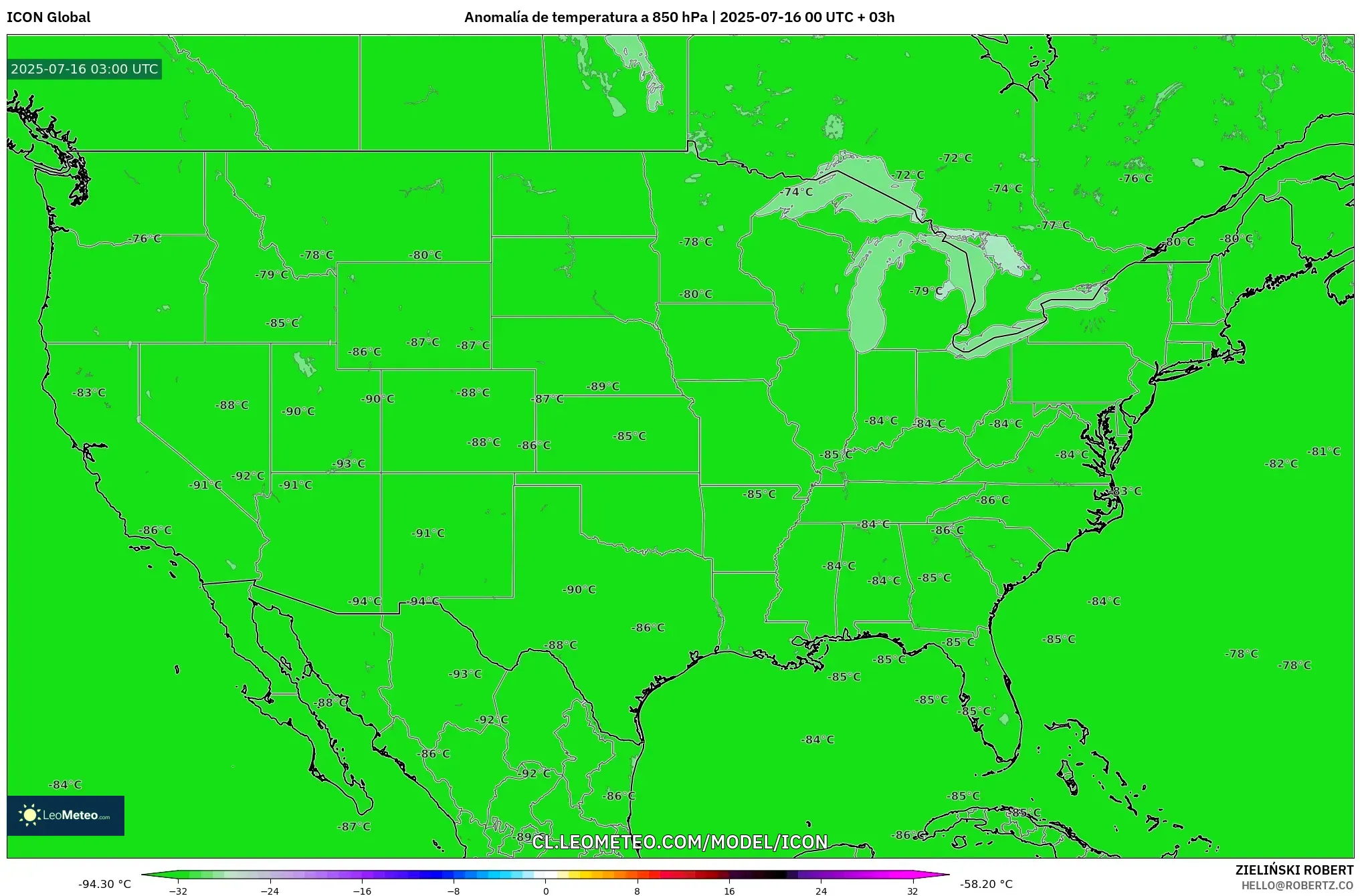ICON model - Estados Unidos, Anomalía de temperatura a 850 hPa ICON model - Estados Unidos, Anomalía de temperatura a 850 hPa