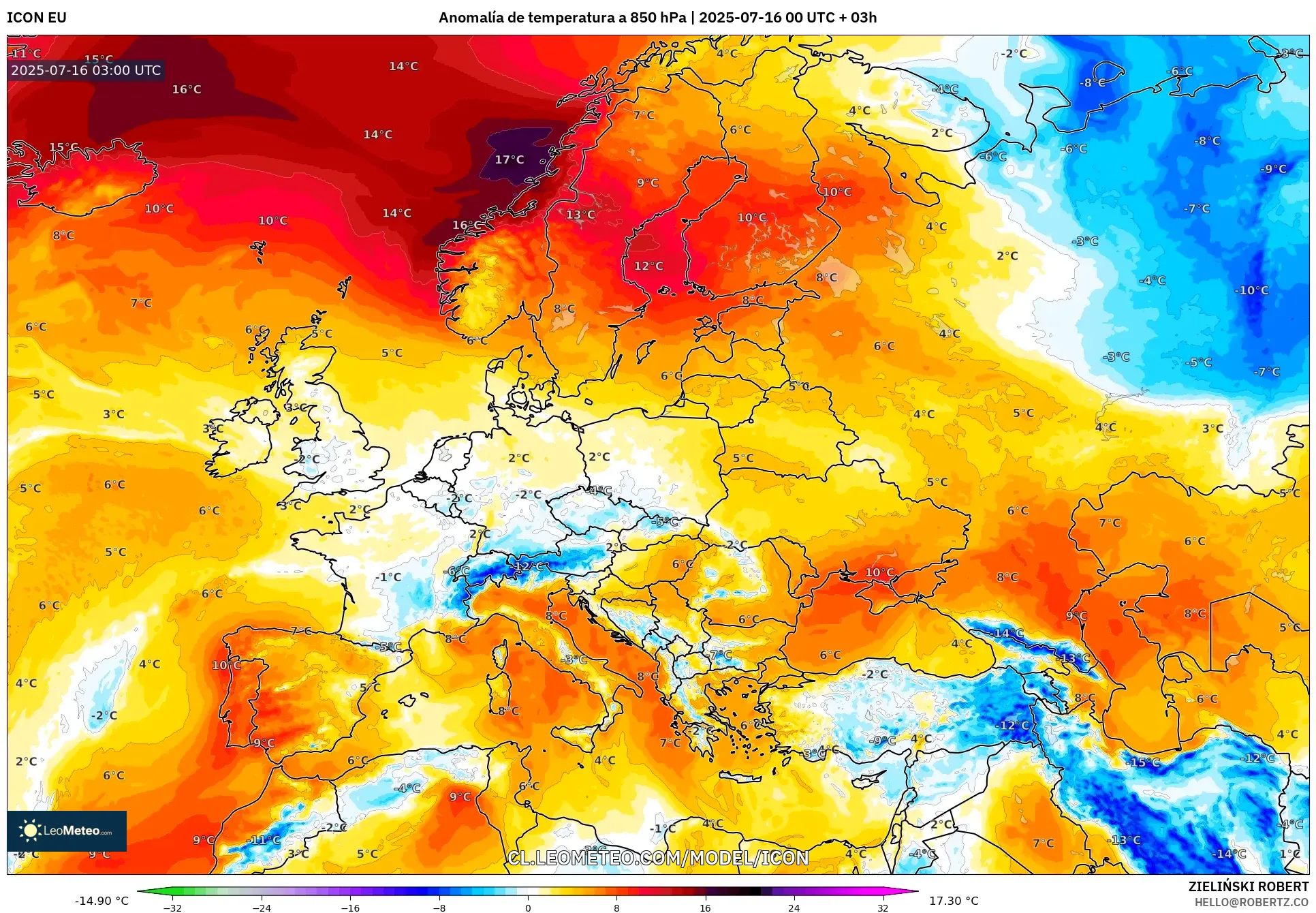 ICON model - Europa, Anomalía de temperatura a 850 hPa