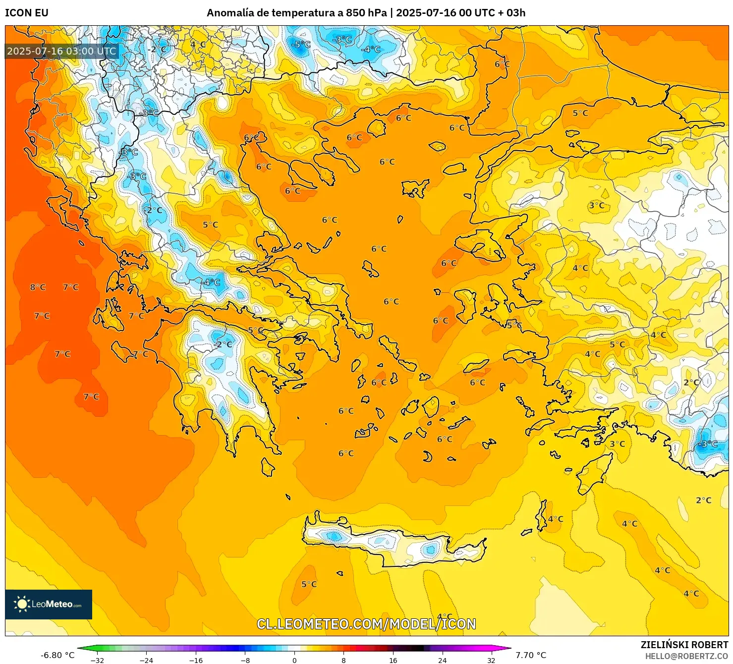 ICON model - Grecia, Anomalía de temperatura a 850 hPa ICON model - Grecia, Anomalía de temperatura a 850 hPa