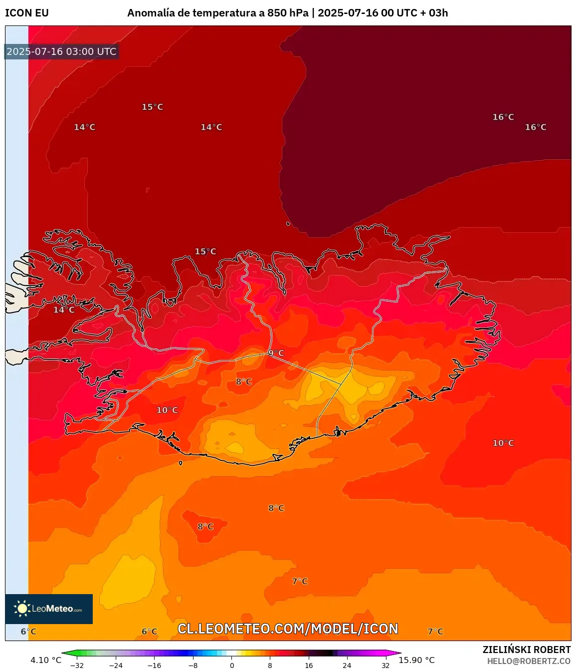 ICON model - Islandia, Anomalía de temperatura a 850 hPa
