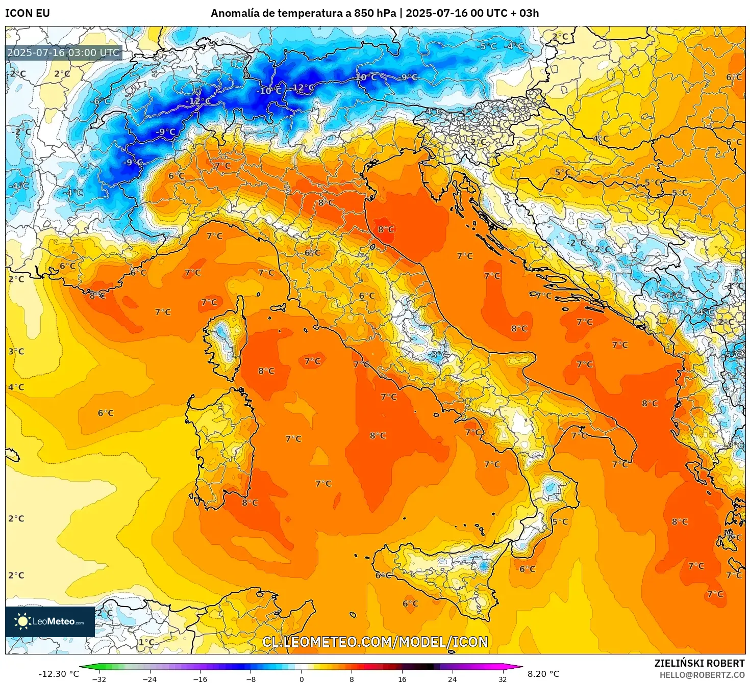 ICON model - Italia, Anomalía de temperatura a 850 hPa ICON model - Italia, Anomalía de temperatura a 850 hPa