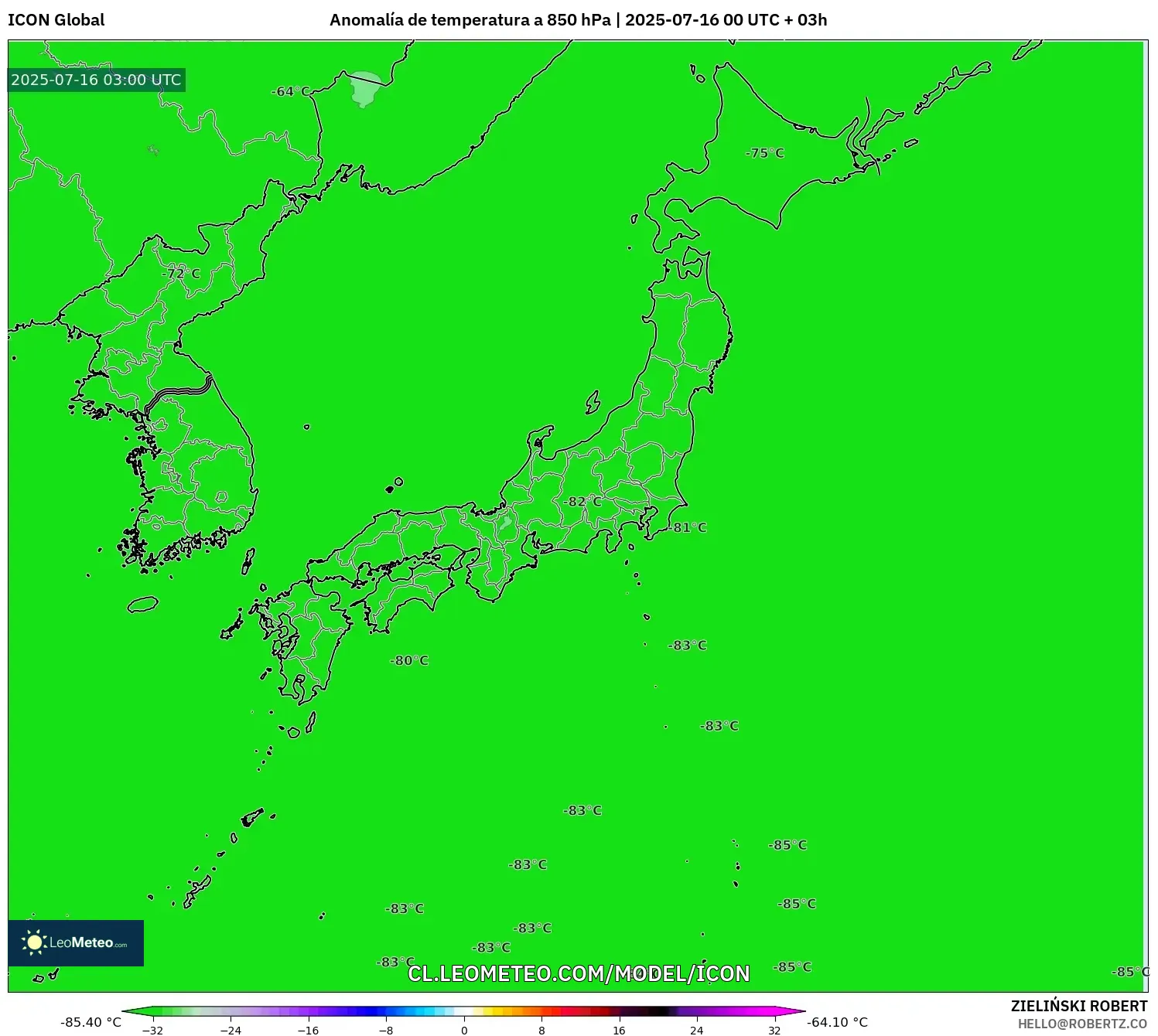 ICON model - Japón, Anomalía de temperatura a 850 hPa ICON model - Japón, Anomalía de temperatura a 850 hPa