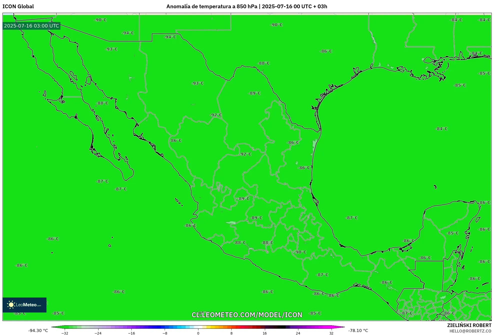 ICON model - México, Anomalía de temperatura a 850 hPa ICON model - México, Anomalía de temperatura a 850 hPa
