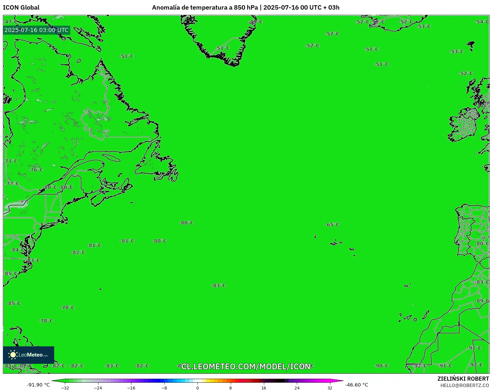 ICON model - Norte Atlántico, Anomalía de temperatura a 850 hPa ICON model - Norte Atlántico, Anomalía de temperatura a 850 hPa
