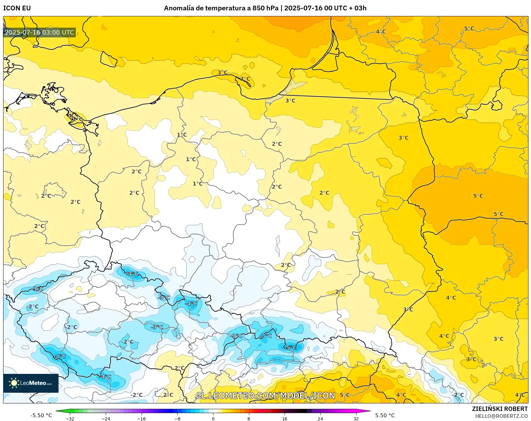 ICON model - Polonia, Anomalía de temperatura a 850 hPa ICON model - Polonia, Anomalía de temperatura a 850 hPa