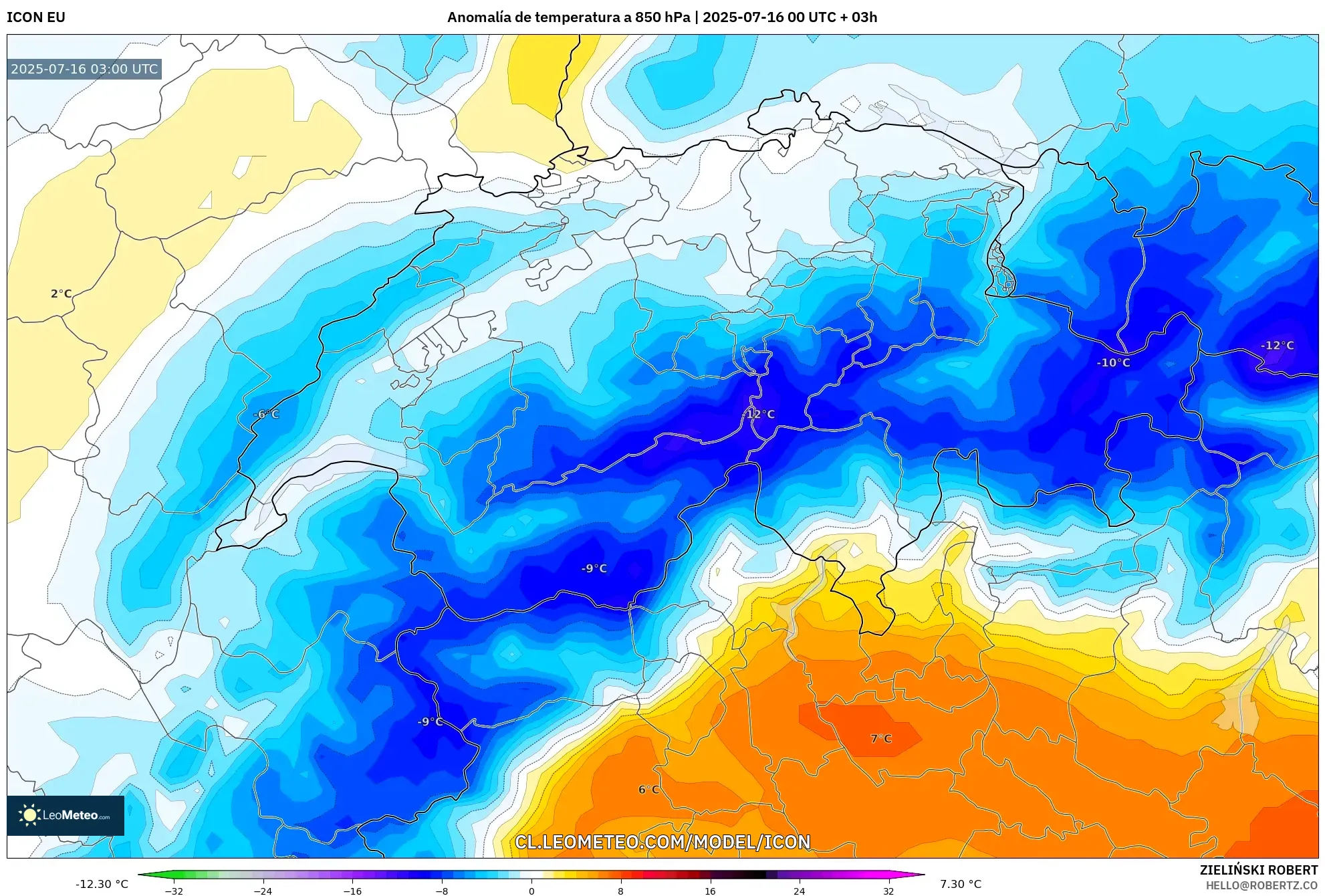 ICON model - Suiza, Anomalía de temperatura a 850 hPa ICON model - Suiza, Anomalía de temperatura a 850 hPa
