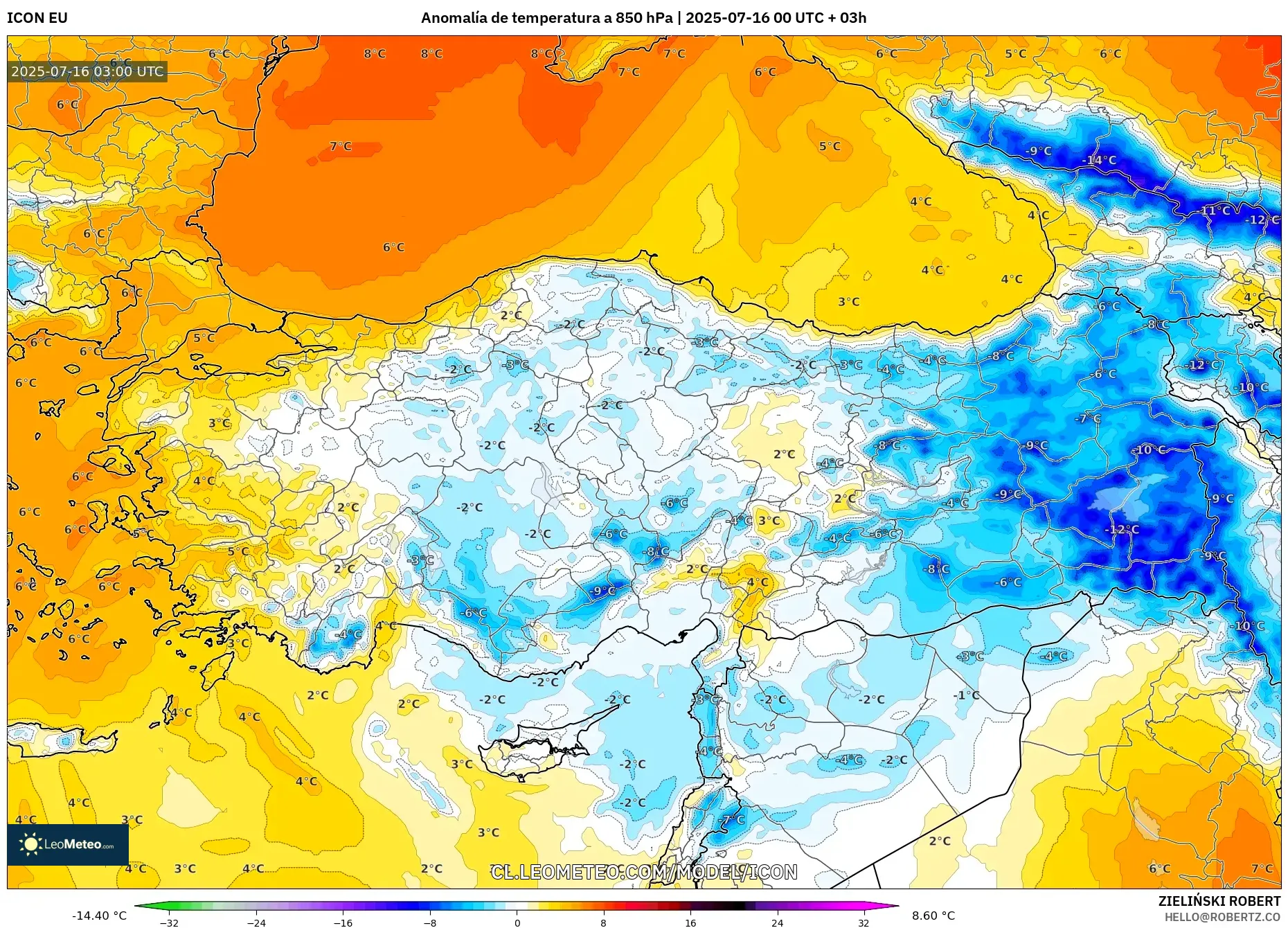 ICON model - Turquía, Anomalía de temperatura a 850 hPa ICON model - Turquía, Anomalía de temperatura a 850 hPa