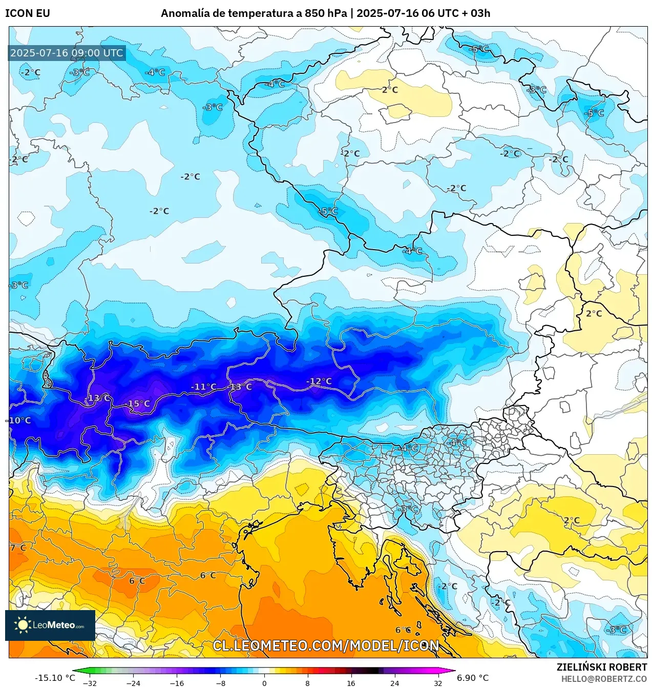 ICON model - Austria, Anomalía de temperatura a 850 hPa