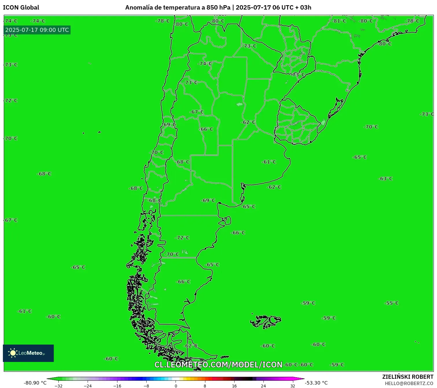 ICON model - Argentina, Anomalía de temperatura a 850 hPa