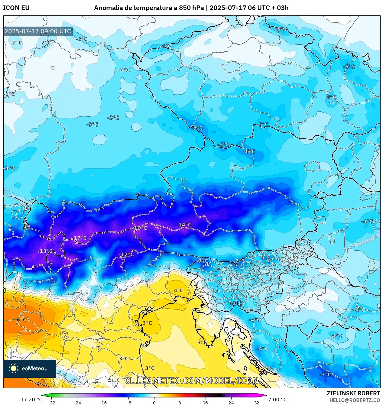 ICON model - Austria, Anomalía de temperatura a 850 hPa
