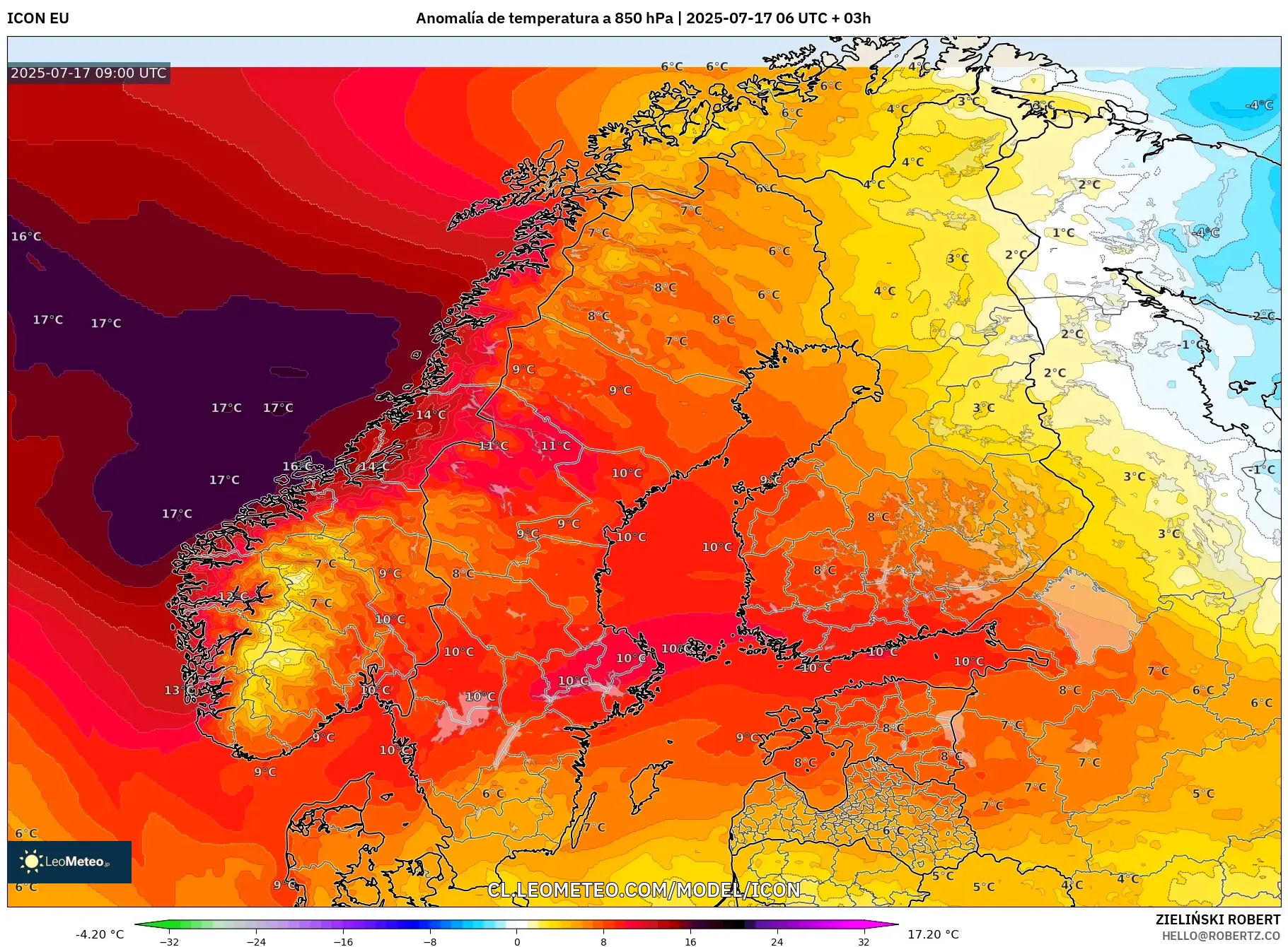 ICON model - Escandinavia, Anomalía de temperatura a 850 hPa