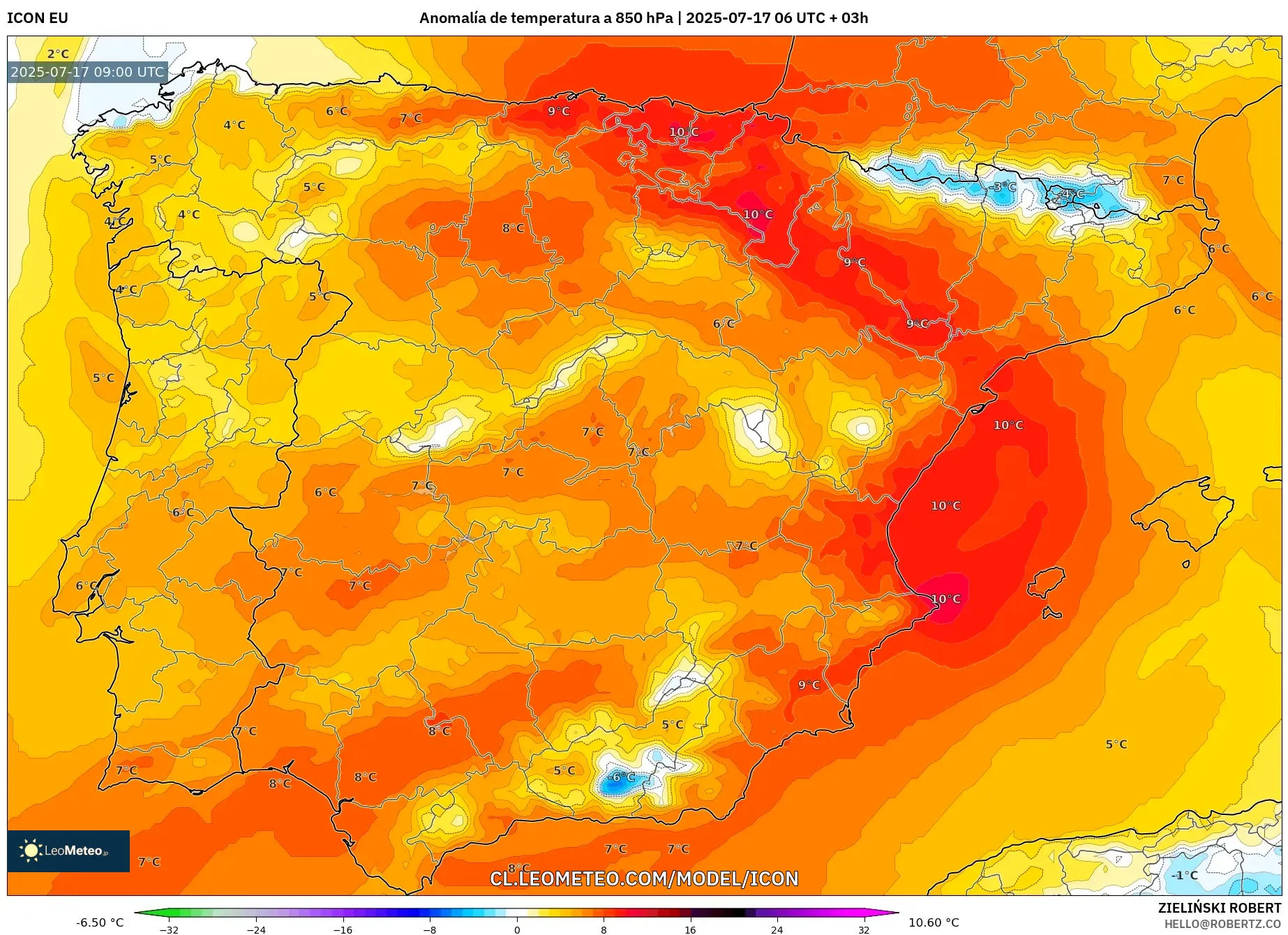 ICON model - España, Anomalía de temperatura a 850 hPa