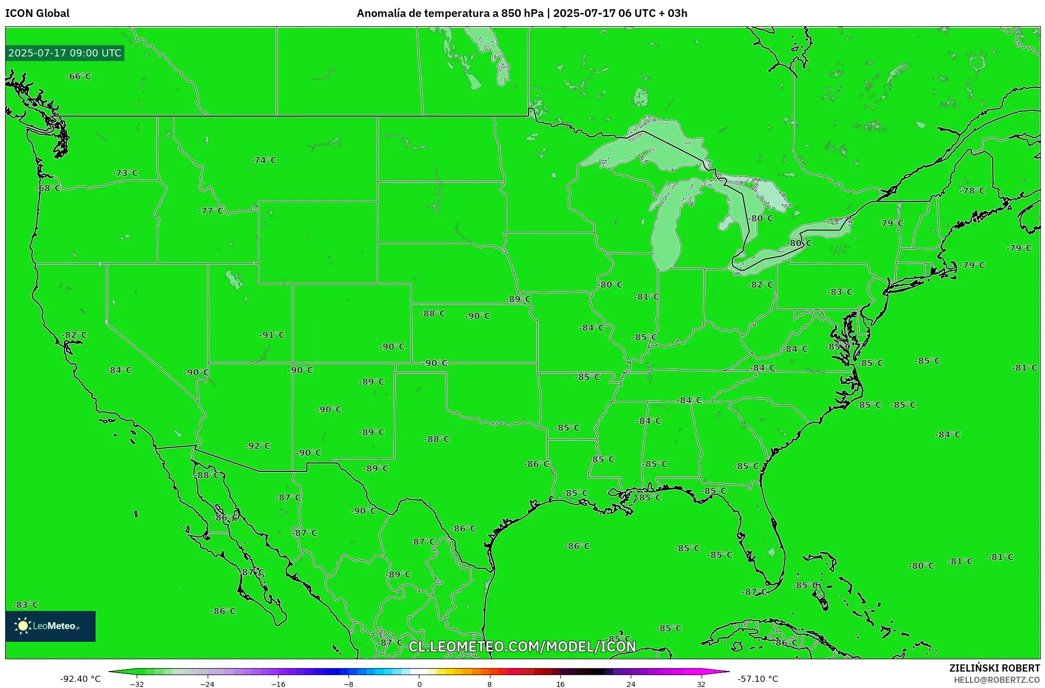 ICON model - Estados Unidos, Anomalía de temperatura a 850 hPa ICON model - Estados Unidos, Anomalía de temperatura a 850 hPa