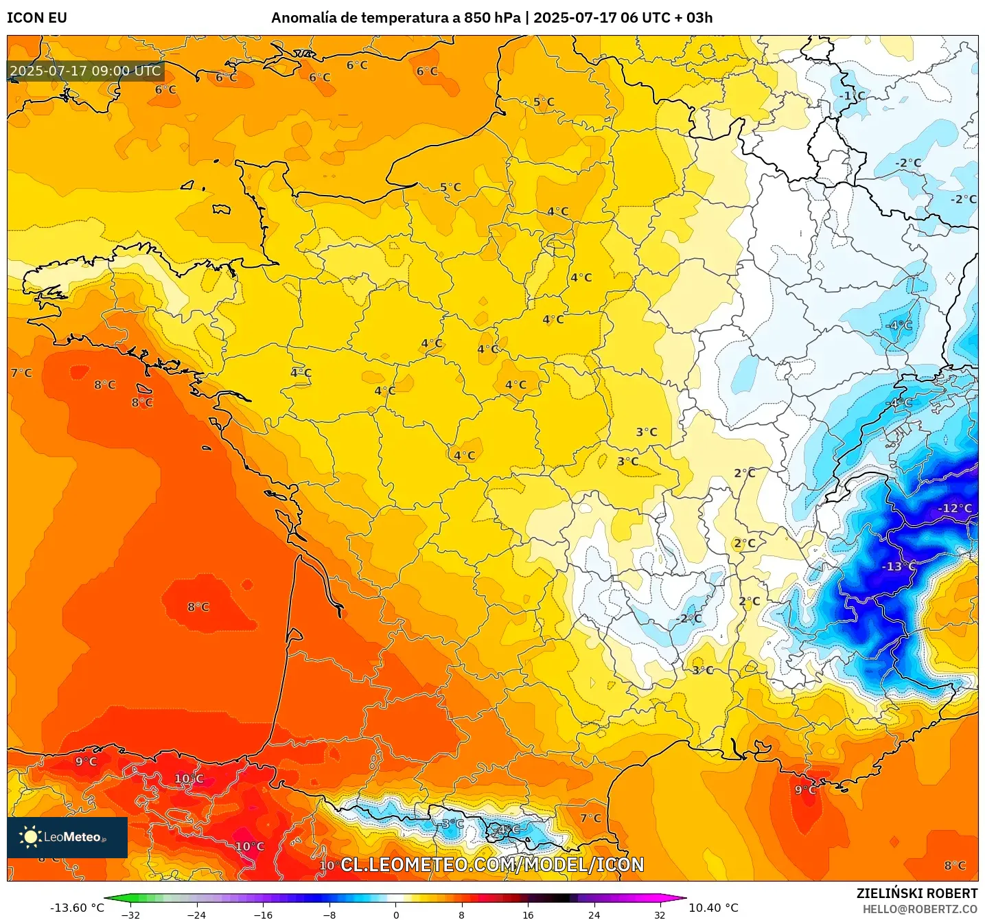 ICON model - Francia, Anomalía de temperatura a 850 hPa ICON model - Francia, Anomalía de temperatura a 850 hPa
