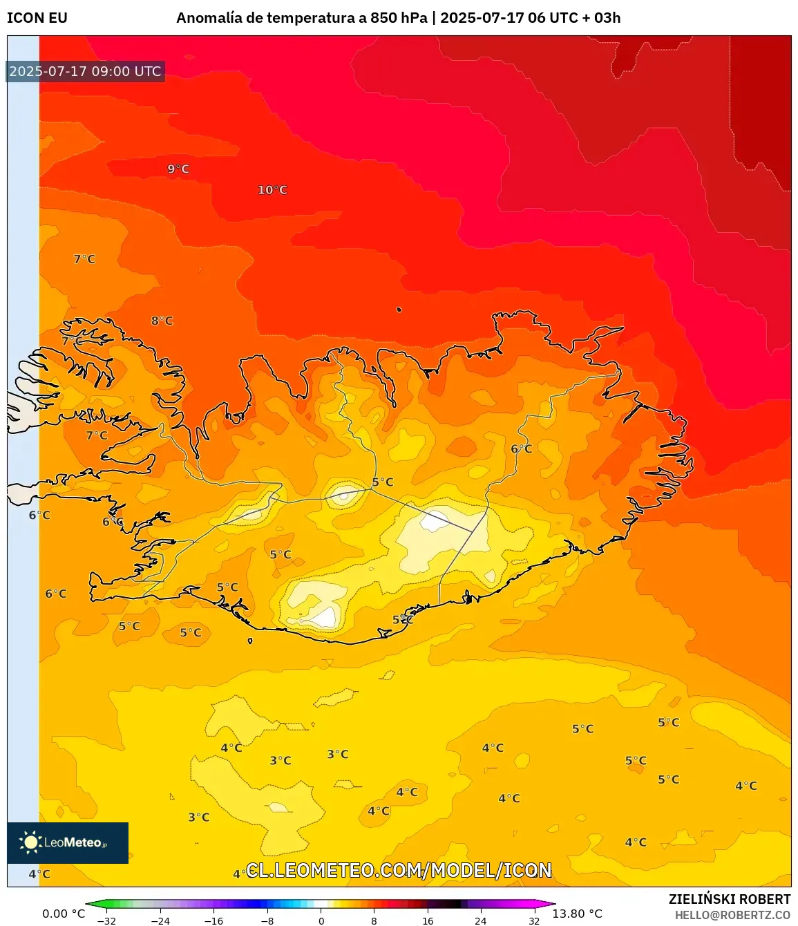 ICON model - Islandia, Anomalía de temperatura a 850 hPa