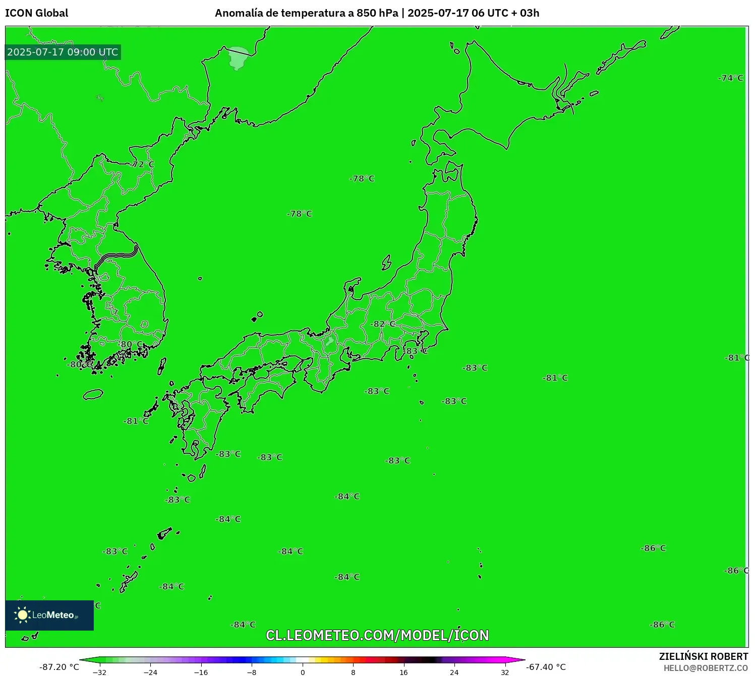 ICON model - Japón, Anomalía de temperatura a 850 hPa ICON model - Japón, Anomalía de temperatura a 850 hPa