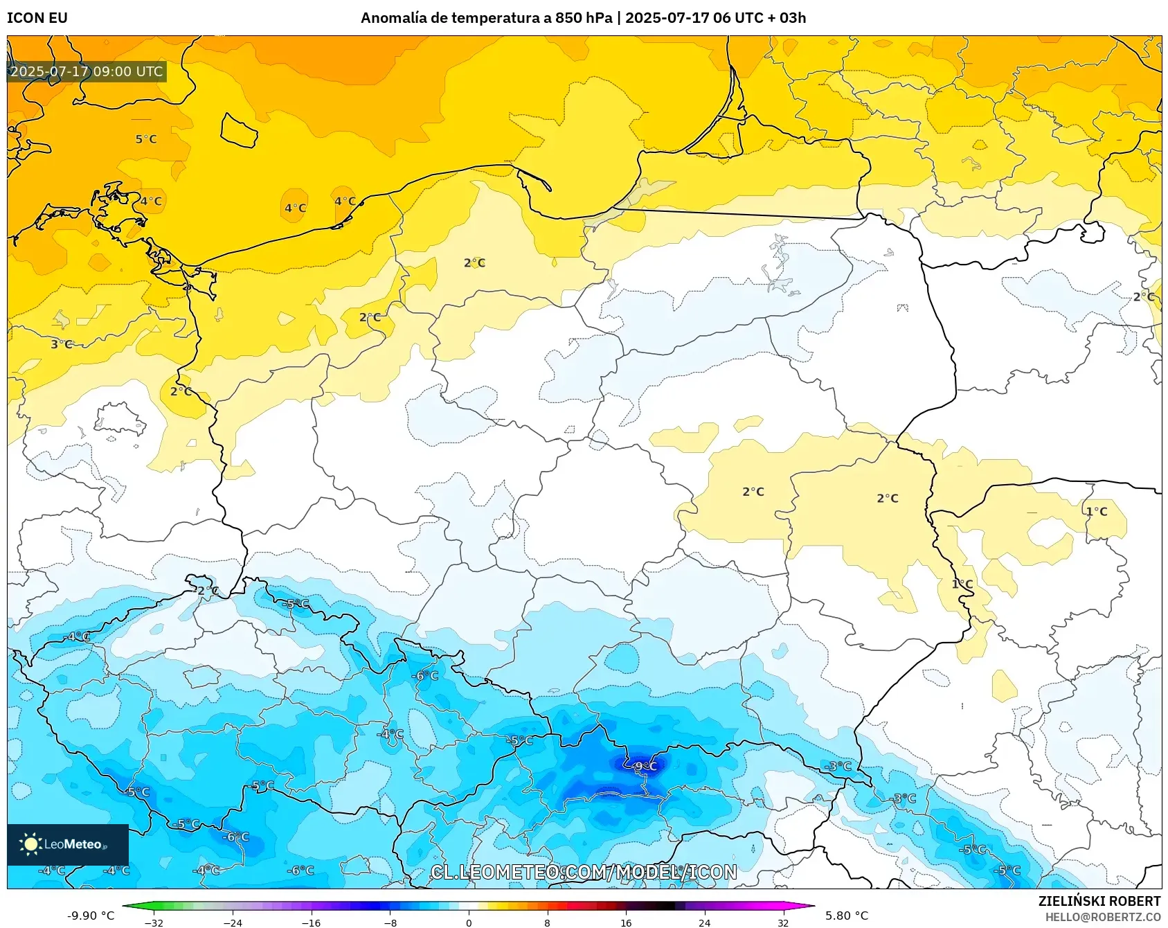 ICON model - Polonia, Anomalía de temperatura a 850 hPa ICON model - Polonia, Anomalía de temperatura a 850 hPa