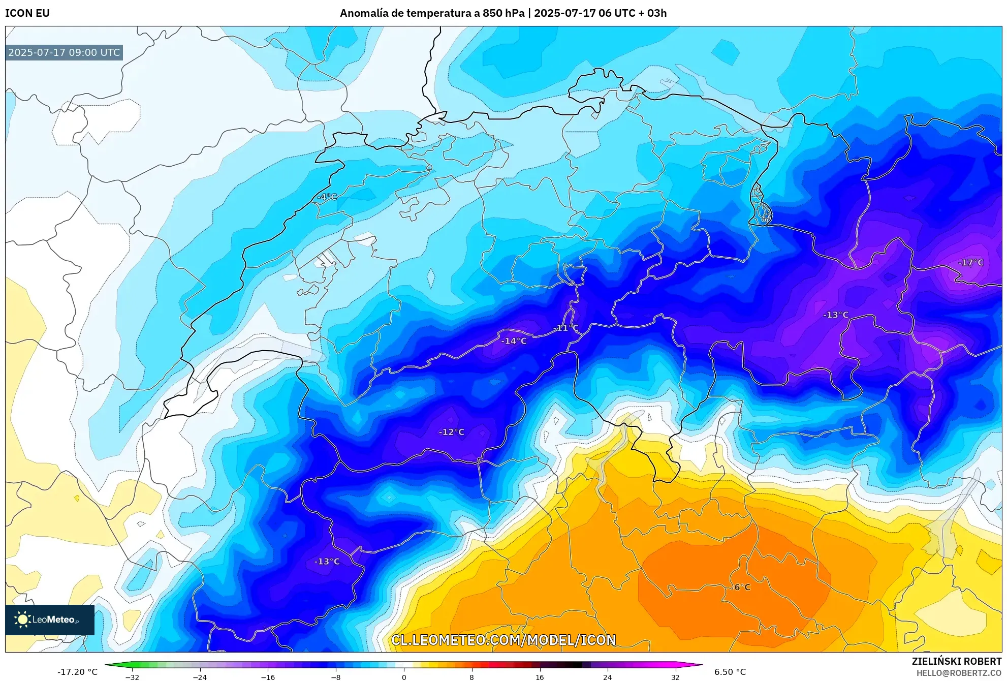 ICON model - Suiza, Anomalía de temperatura a 850 hPa ICON model - Suiza, Anomalía de temperatura a 850 hPa