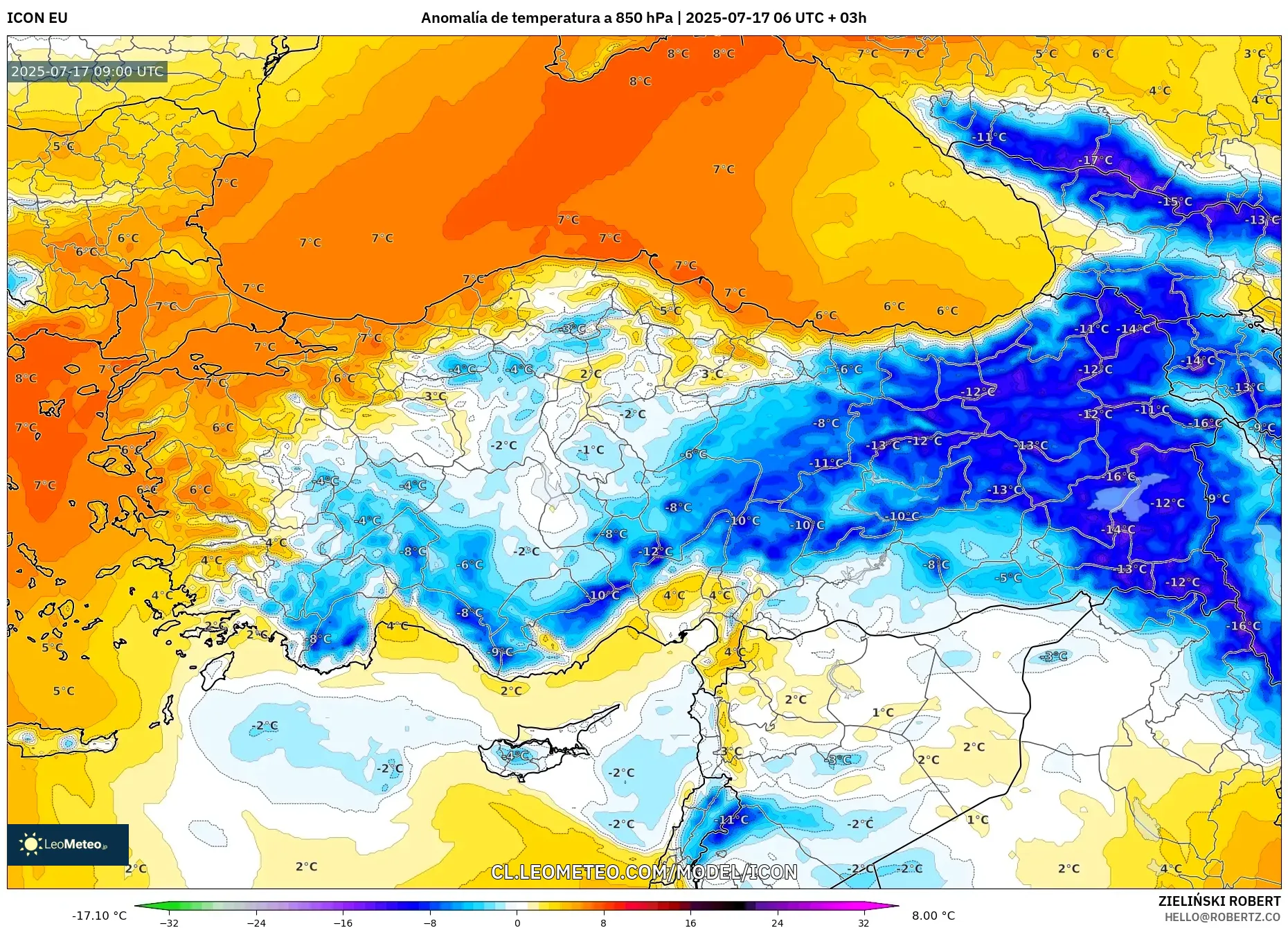 ICON model - Turquía, Anomalía de temperatura a 850 hPa ICON model - Turquía, Anomalía de temperatura a 850 hPa