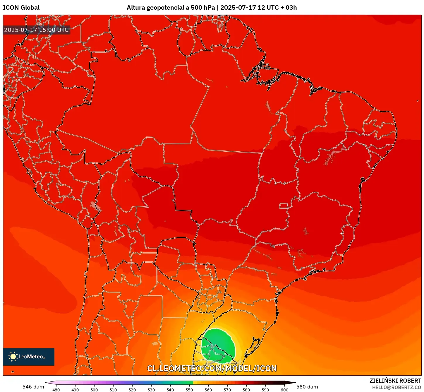 ICON model - Brasil, Altura geopotencial a 500 hPa ICON model - Brasil, Altura geopotencial a 500 hPa