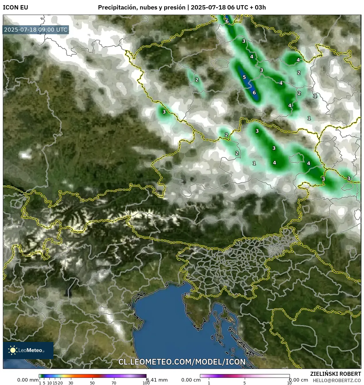 ICON model - Austria, Precipitación, nubes y presión