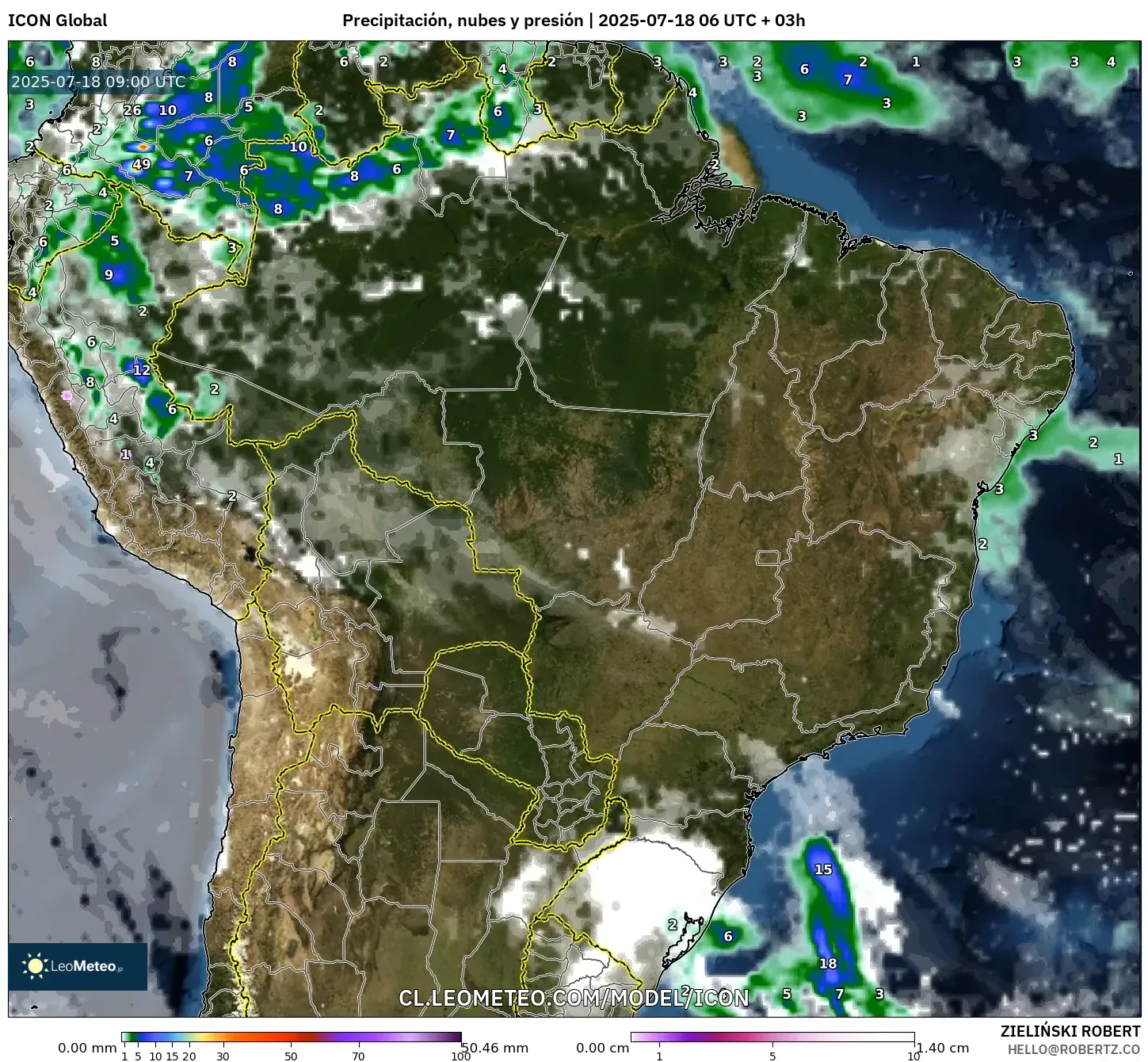 ICON model - Brasil, Precipitación, nubes y presión