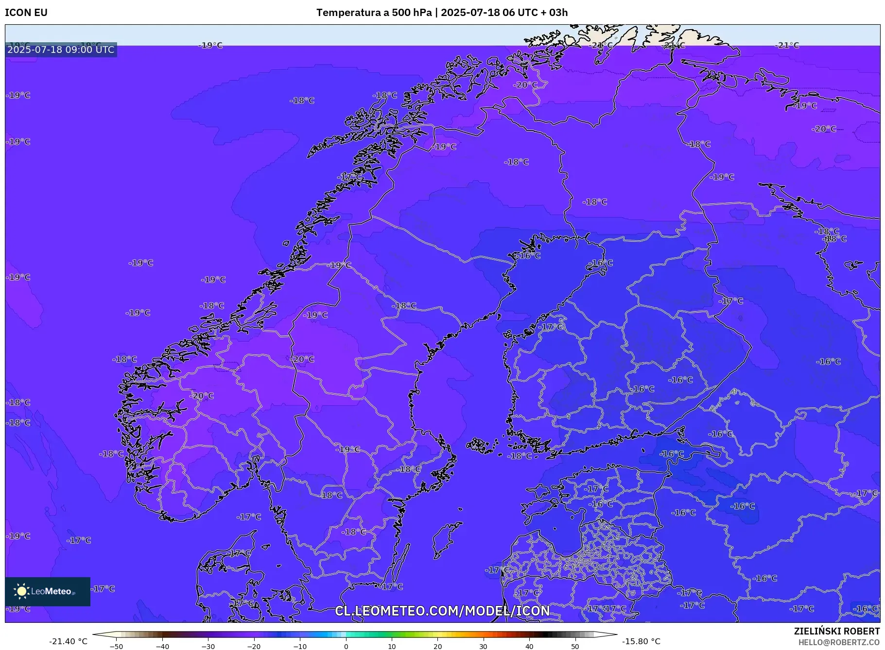 ICON model - Escandinavia, Temperatura a 500 hPa
