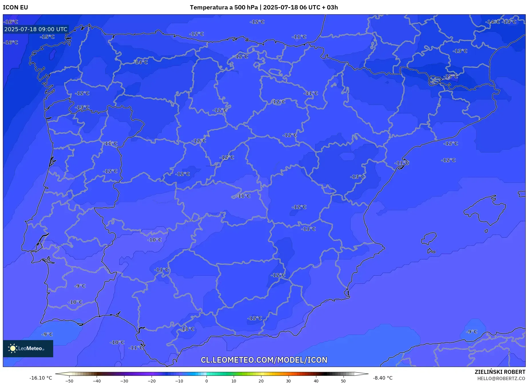ICON model - España, Temperatura a 500 hPa ICON model - España, Temperatura a 500 hPa