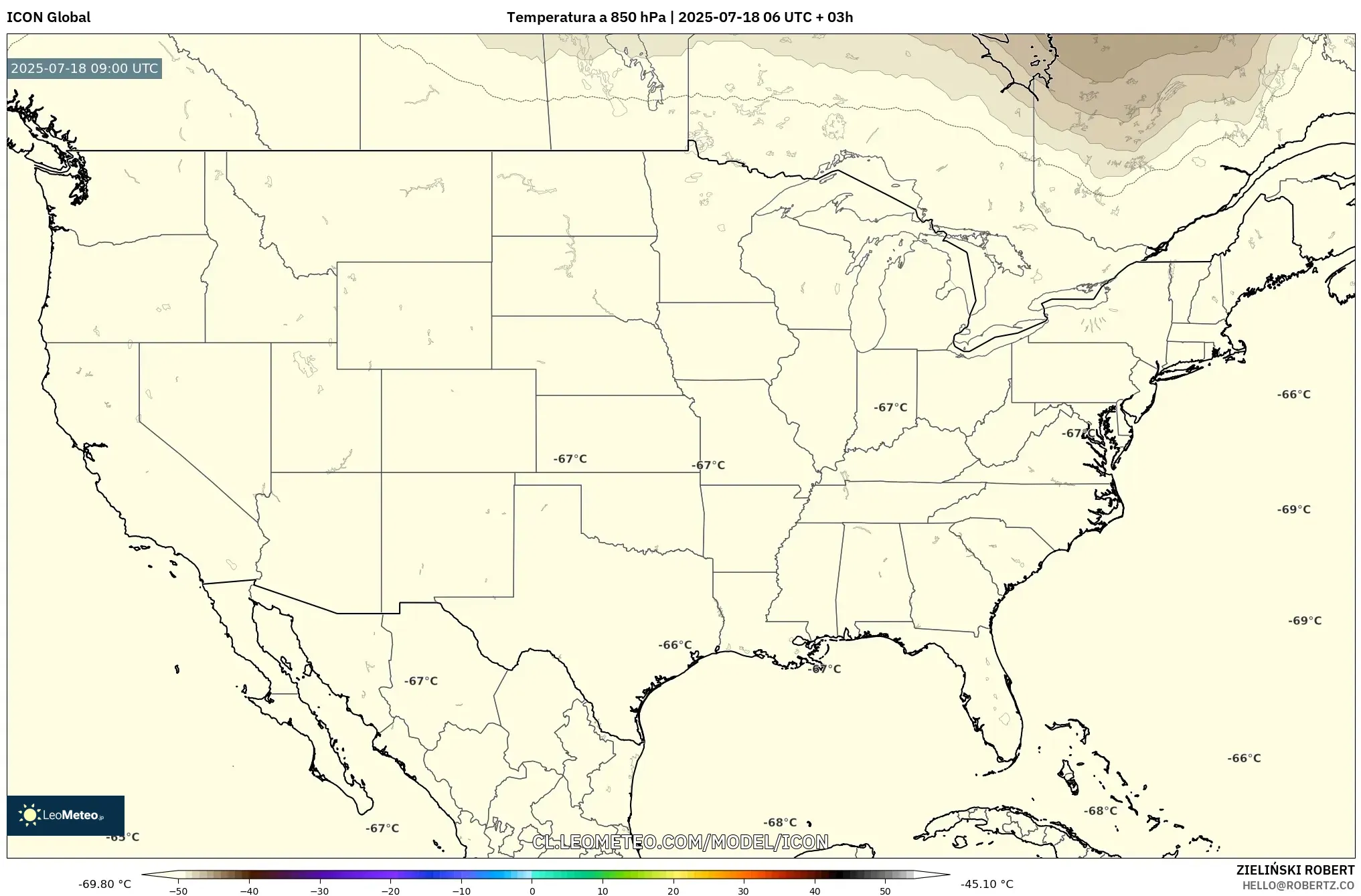 ICON model - Estados Unidos, Temperatura a 850 hPa