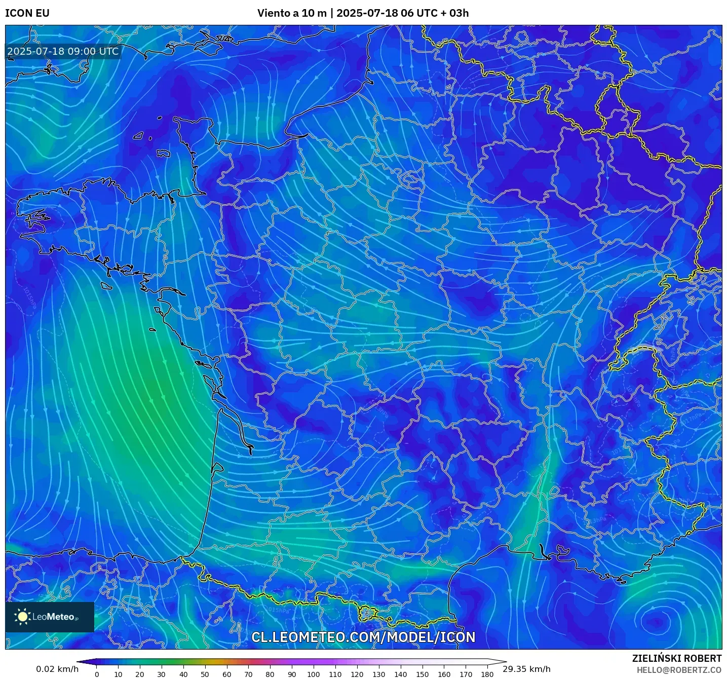 ICON model - Francia, Viento a 10 m