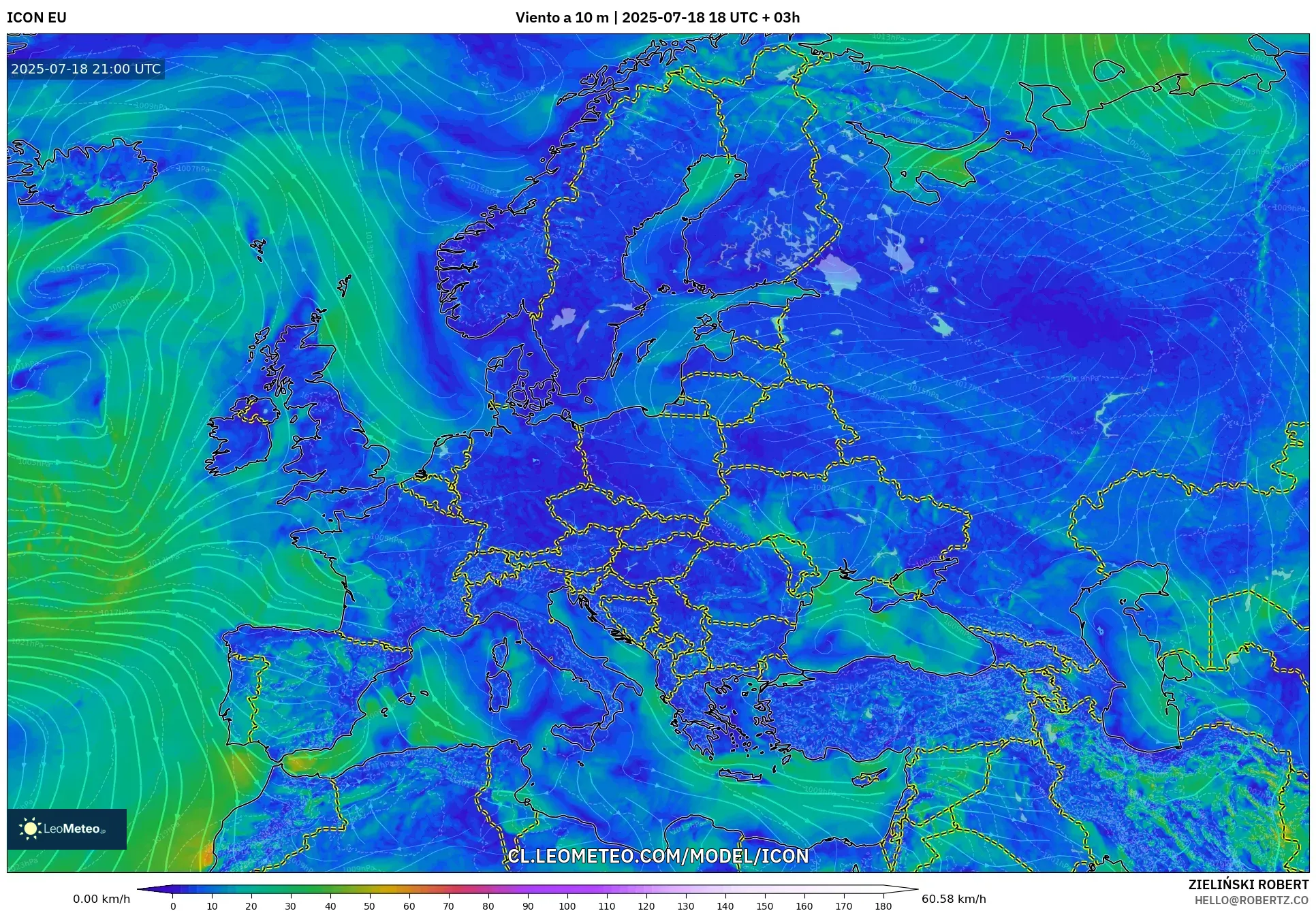 ICON model - Europa, Viento a 10 m
